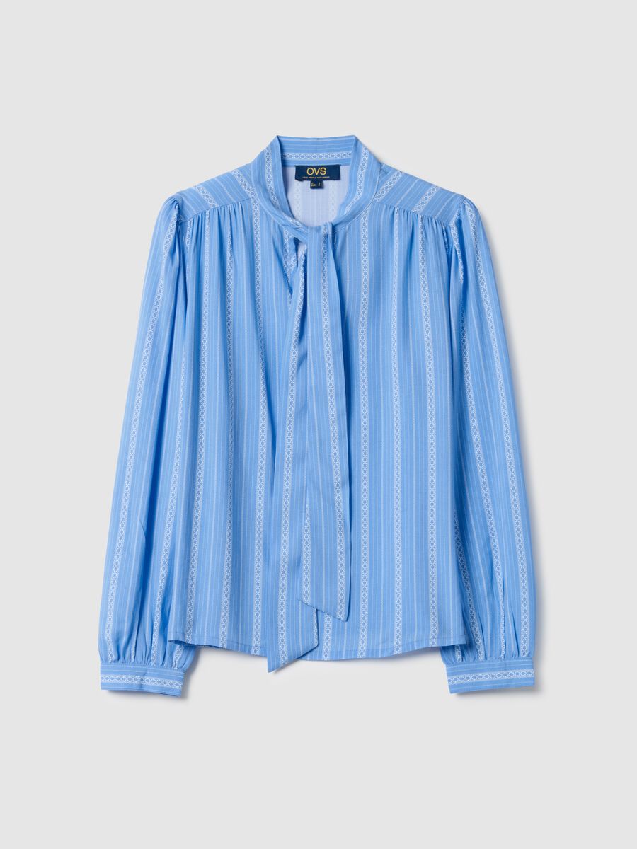 Light blue pure viscose shirt with bow and striped pattern_4