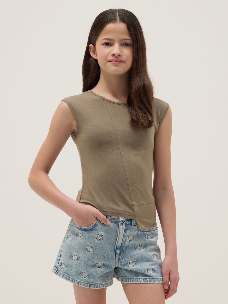Girls&rsquo; beige stretch viscose vest top, relaxed fit_0
