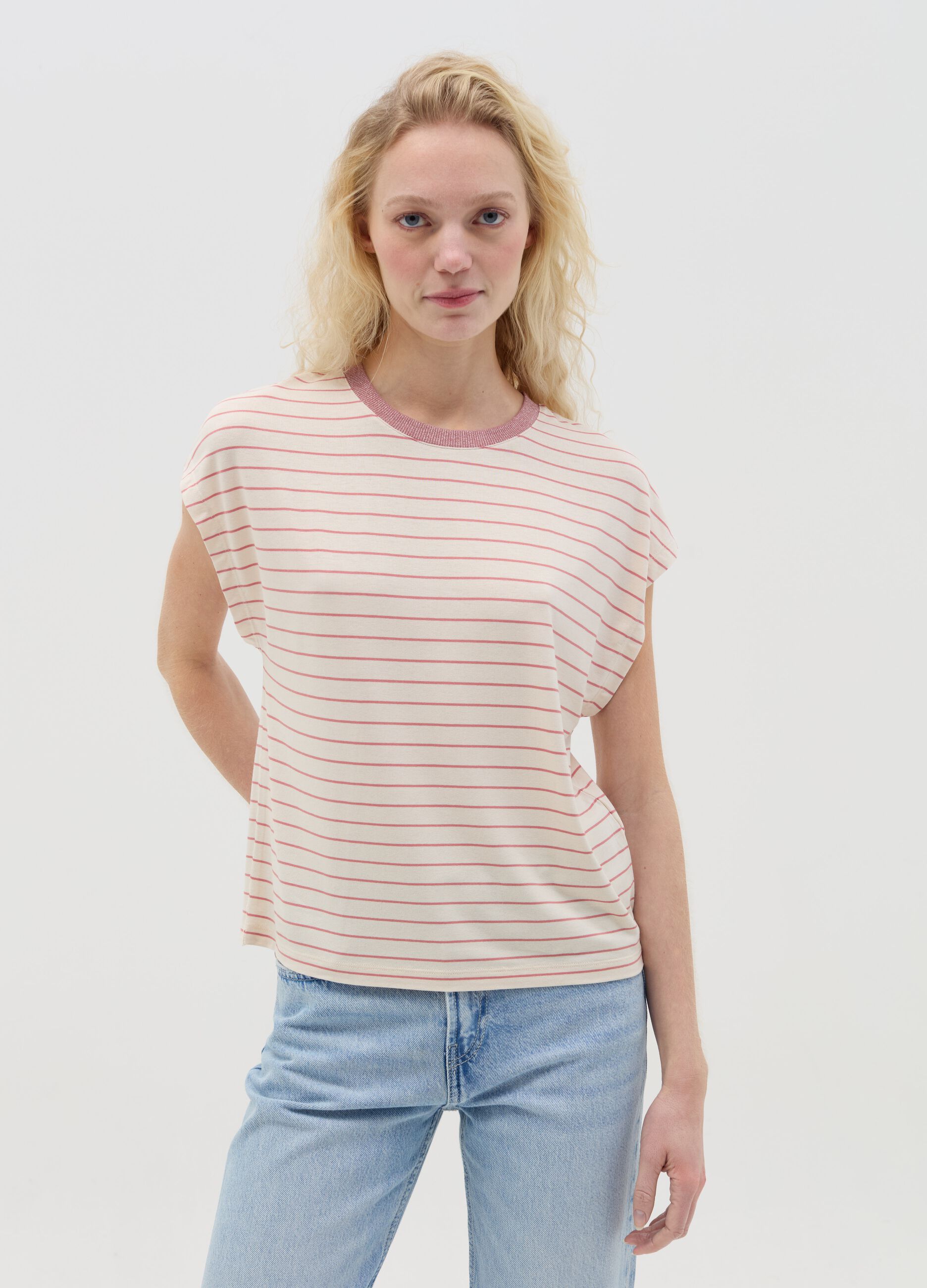 Pink and beige striped T-shirt with short sleeves