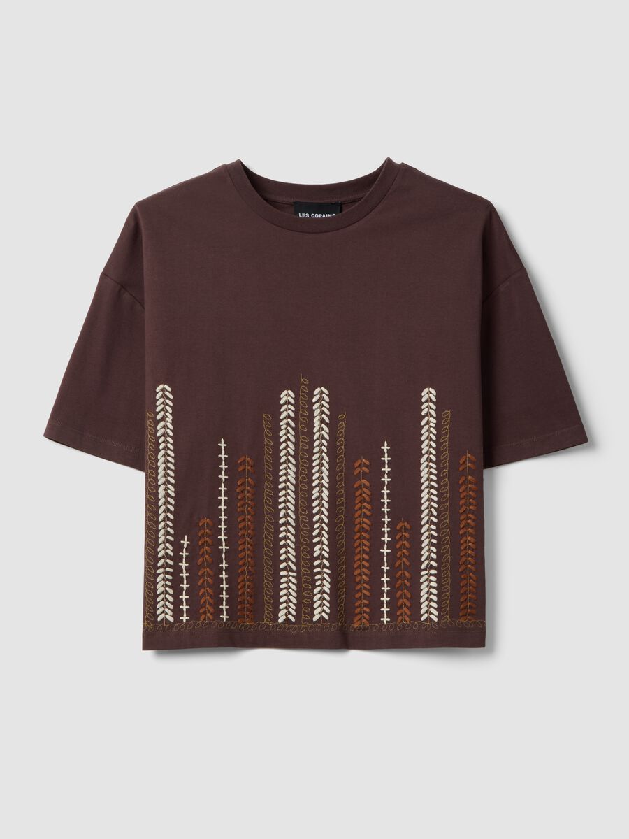 T-shirt in puro cotone marrone regular fit con ricami_4