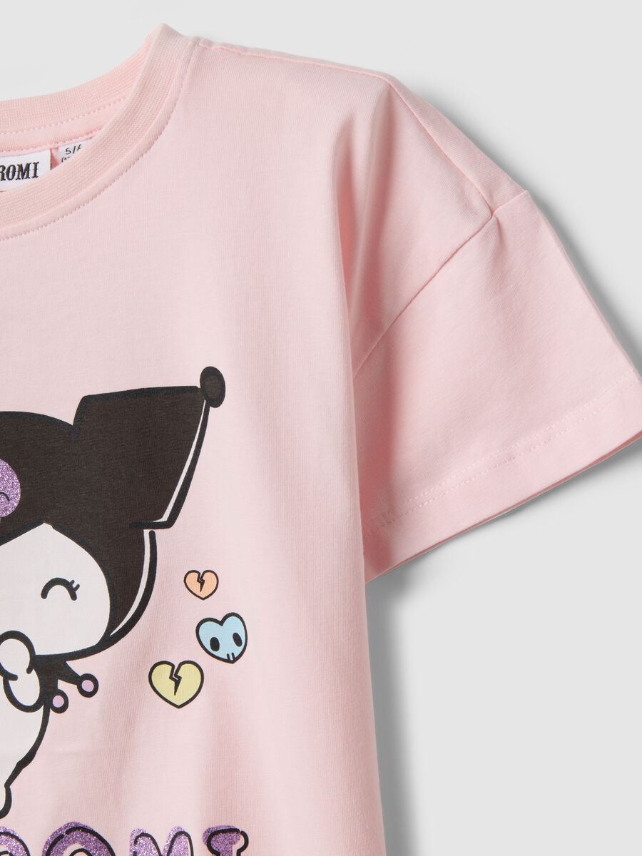 Pink stretch cotton girl's regular fit T-shirt with Kuromi_3