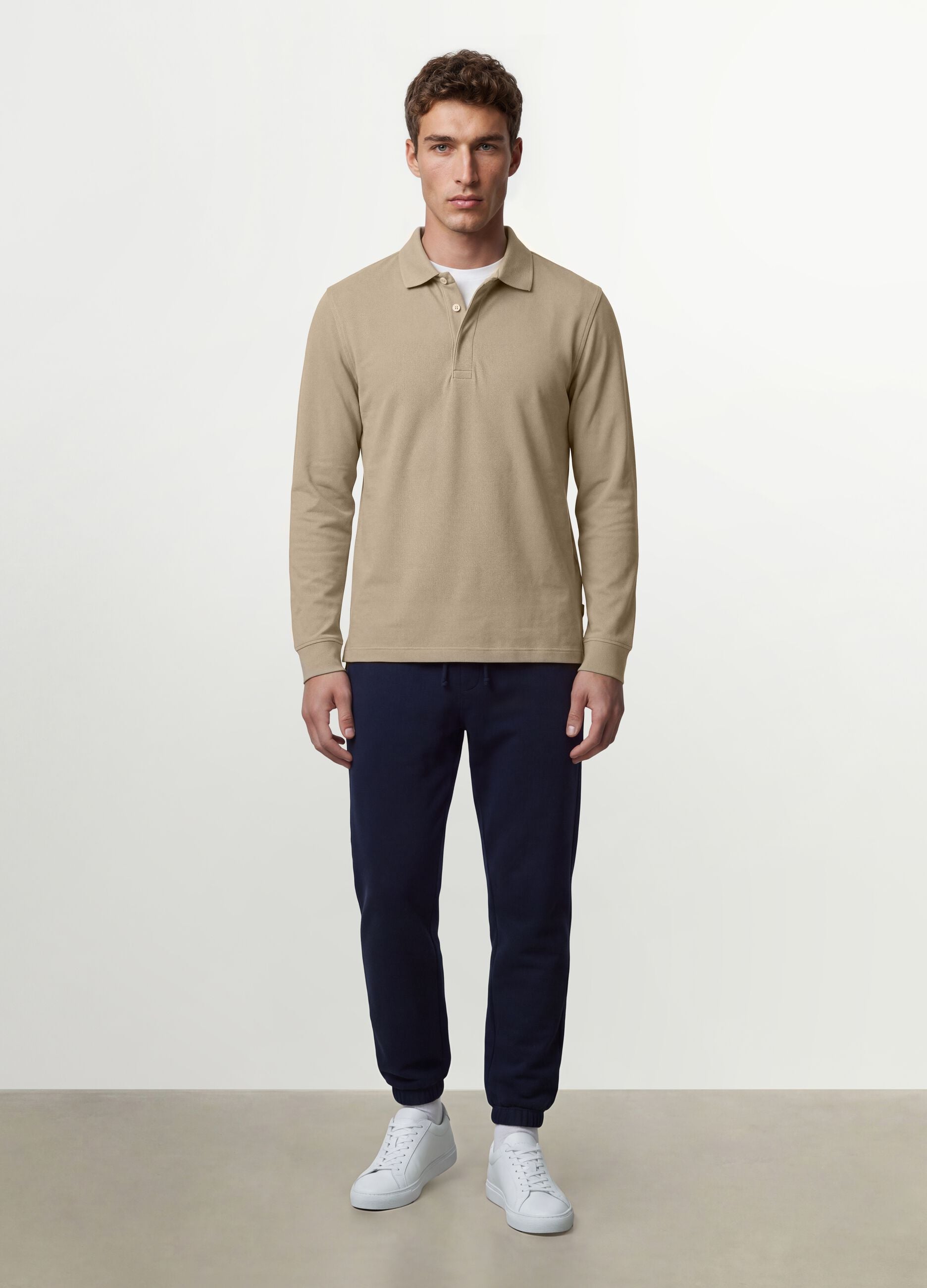 Grey long-sleeve stretch-cotton polo shirt, regular fit