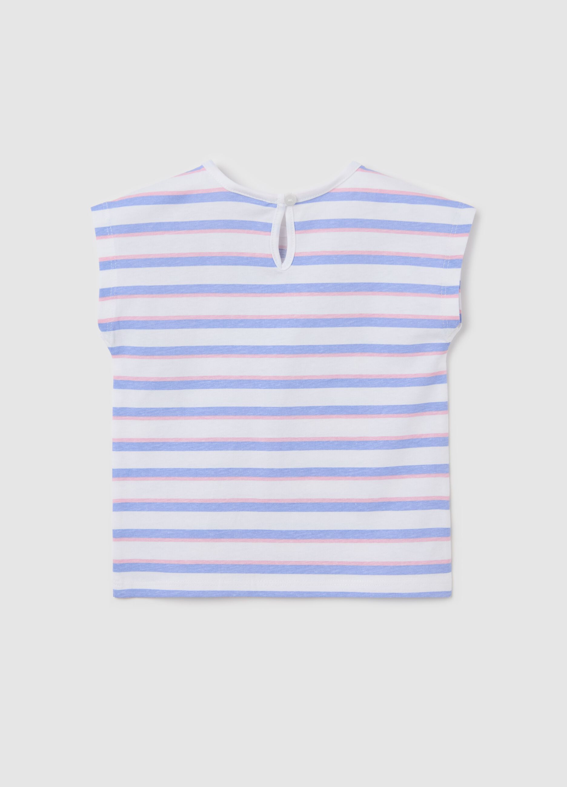 White and pink striped cotton T-shirt with print