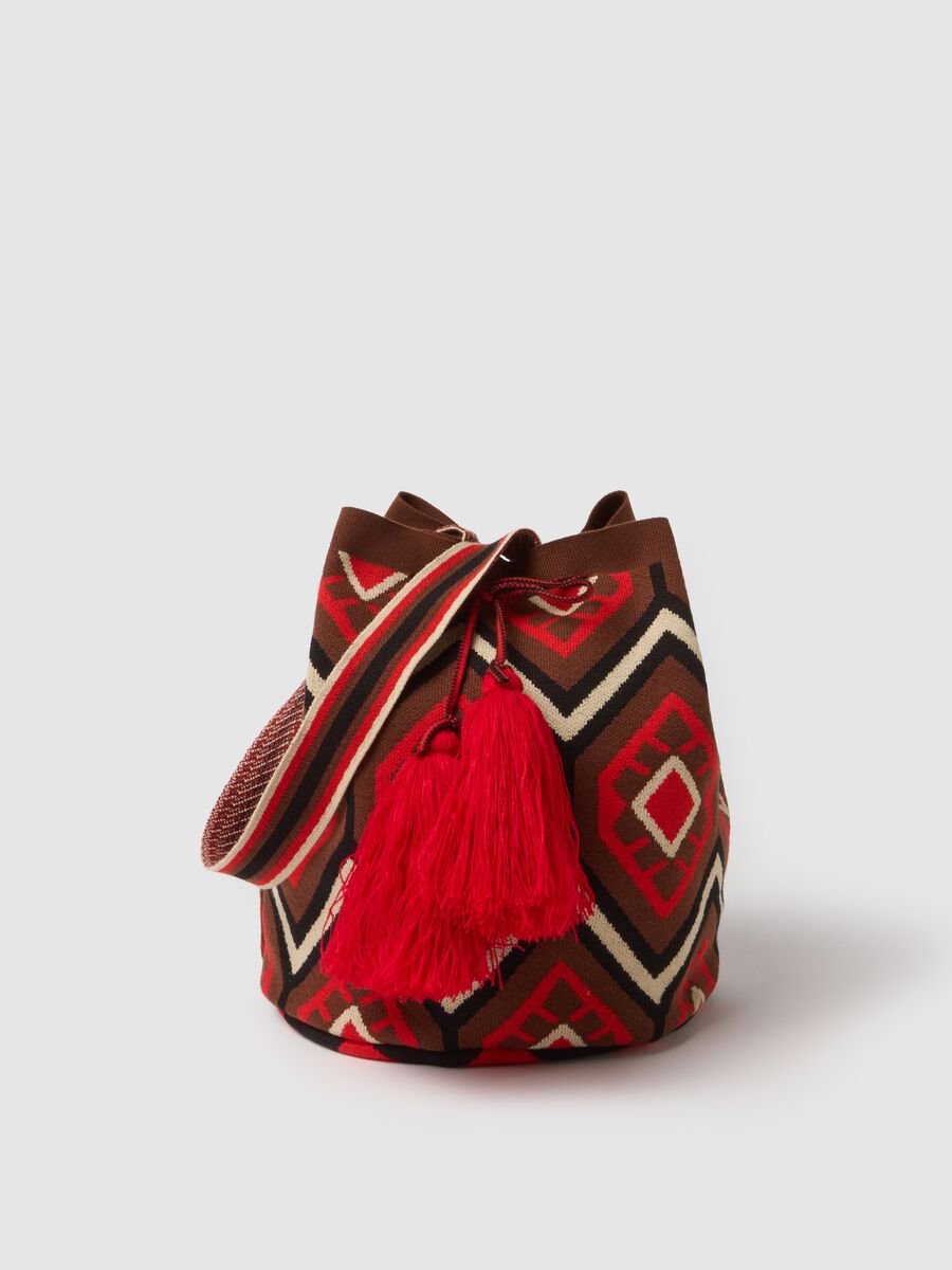 Beach bag with tassels and multicolour ethnic details_0