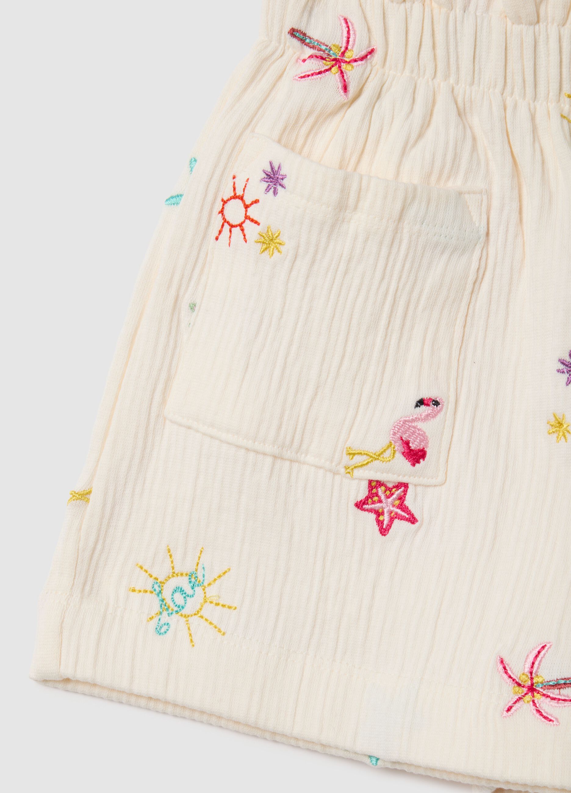 Girls' beige cotton shorts regular fit with embroidery