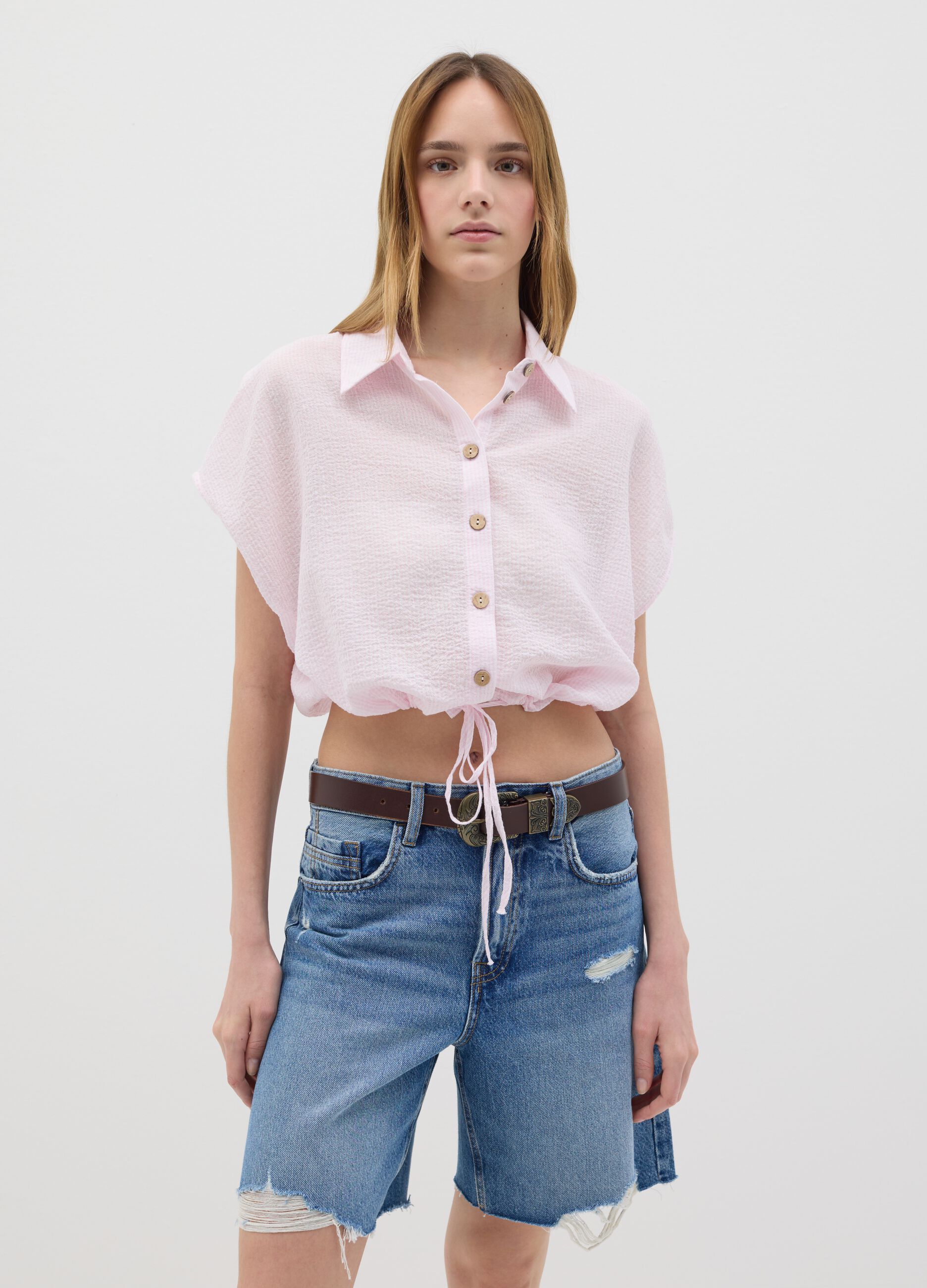 Women’s cropped shirt in pink stretch cotton with regular fit