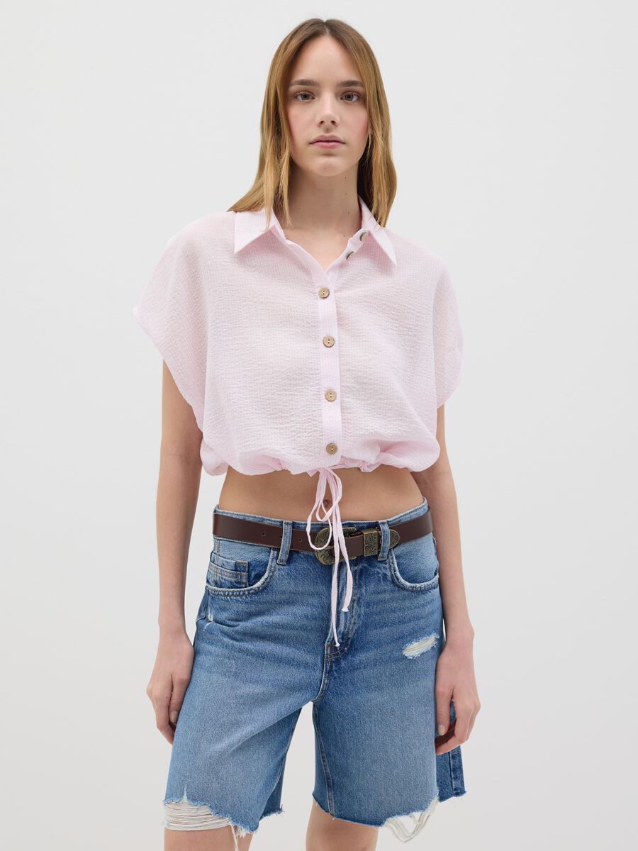 Women’s cropped shirt in pink stretch cotton with regular fit_0