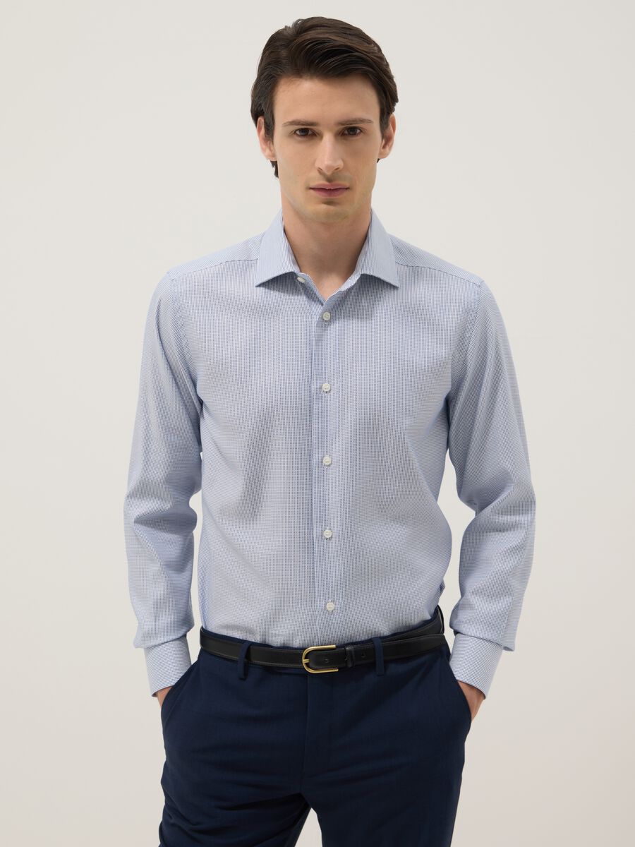 Light blue slim fit cotton shirt with micro-checks_0