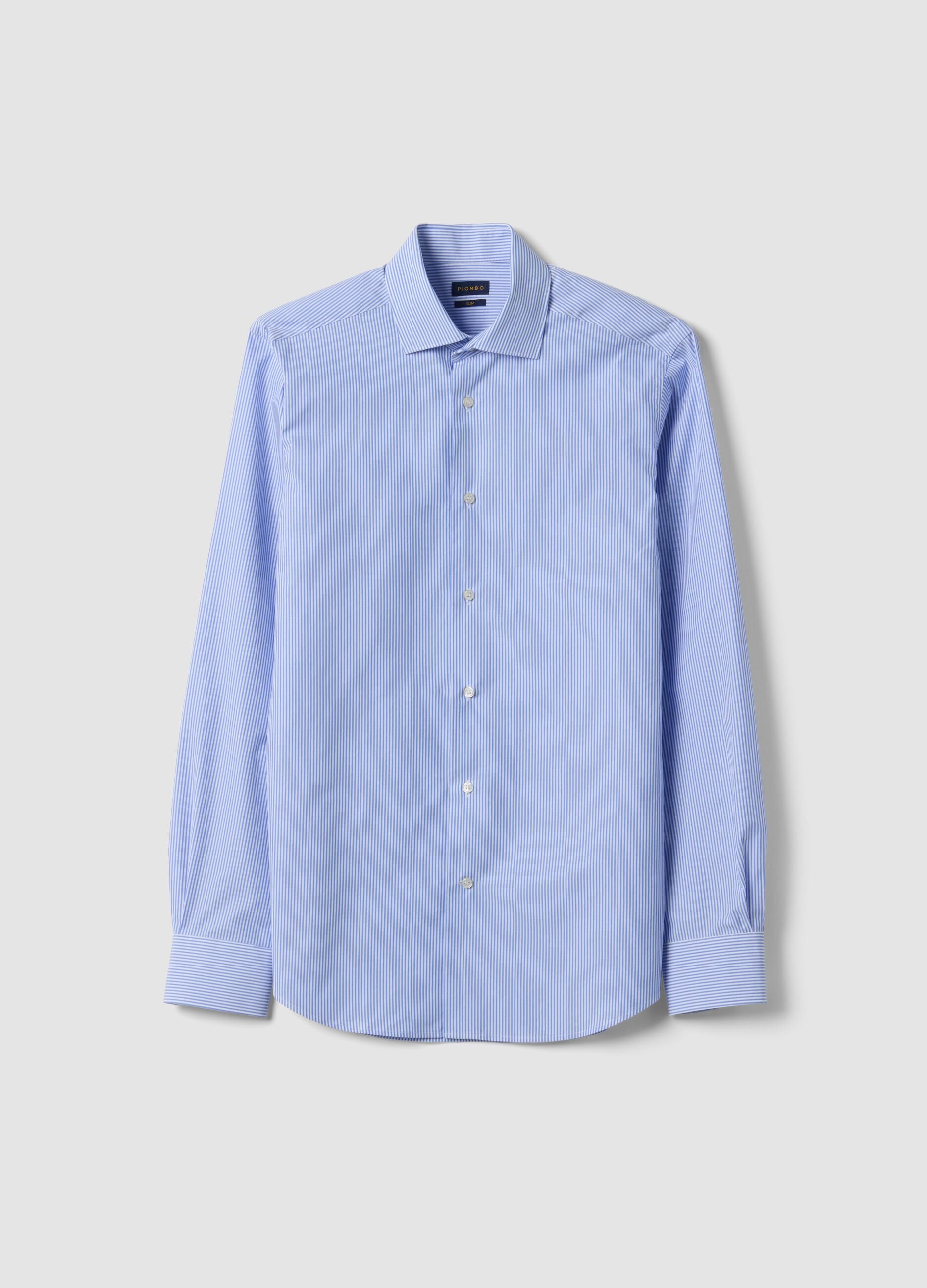 Light blue slim-fit pure cotton striped shirt
