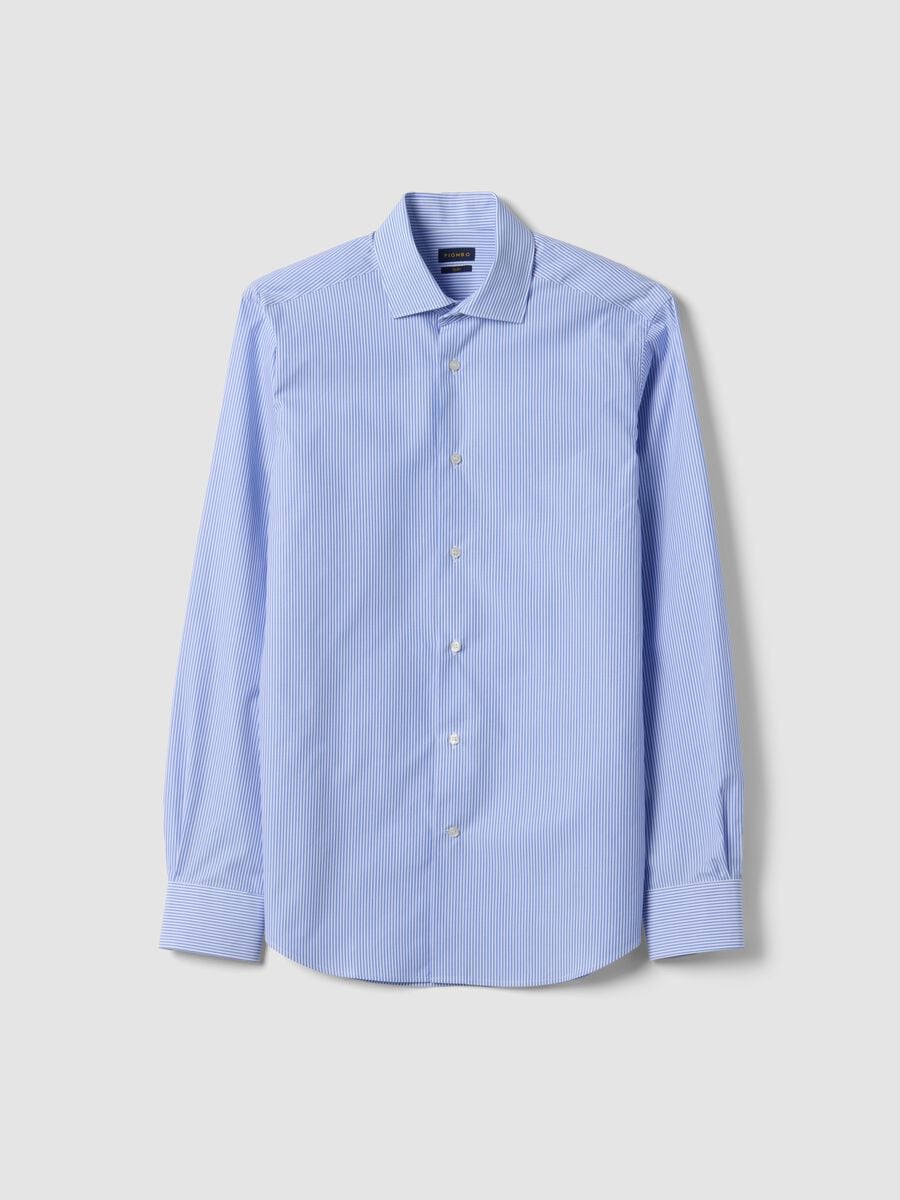 Camicia azzurra in puro cotone a righe slim fit_0