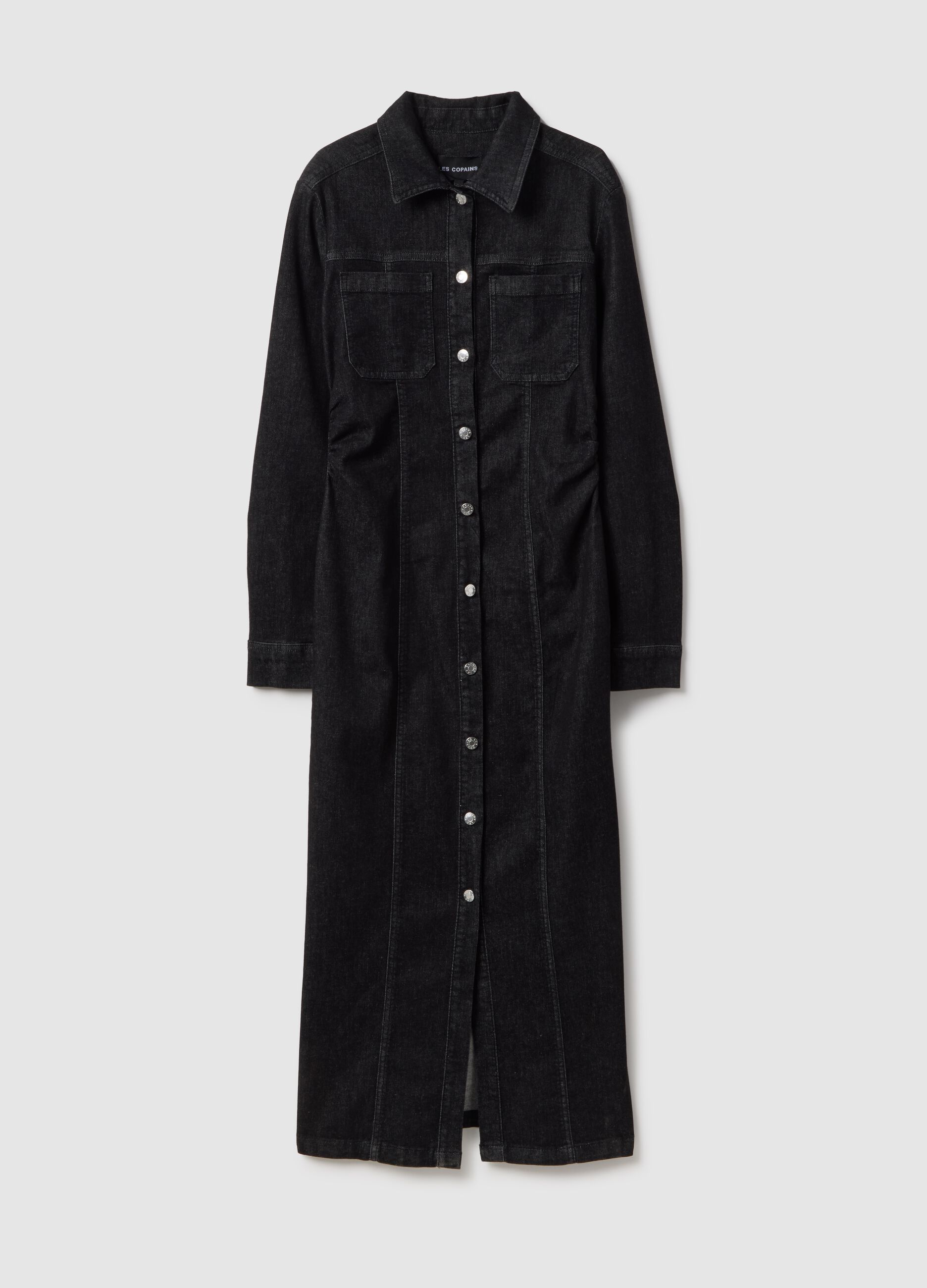Black long fitted dress in stretch cotton with buttons