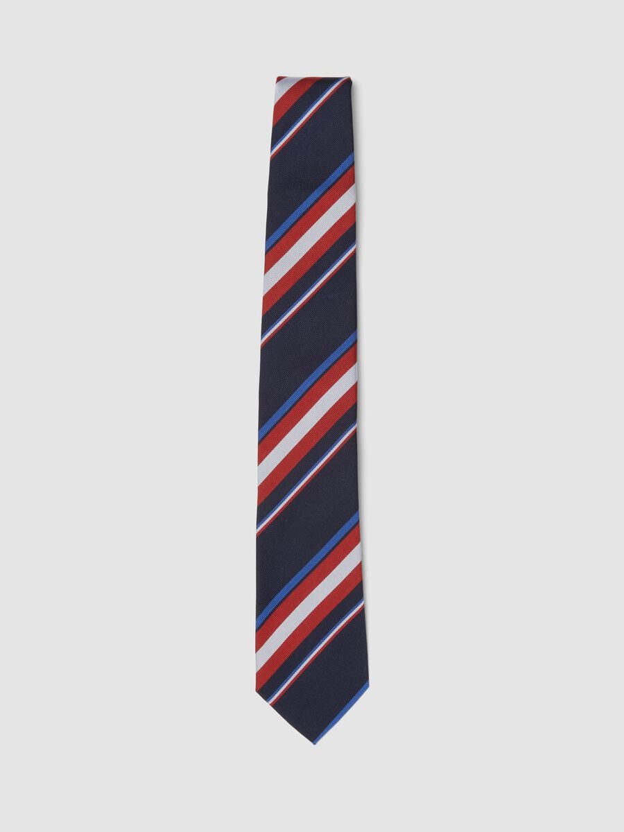 Blue and Red Diagonal-Stripe Pure Silk Tie_0