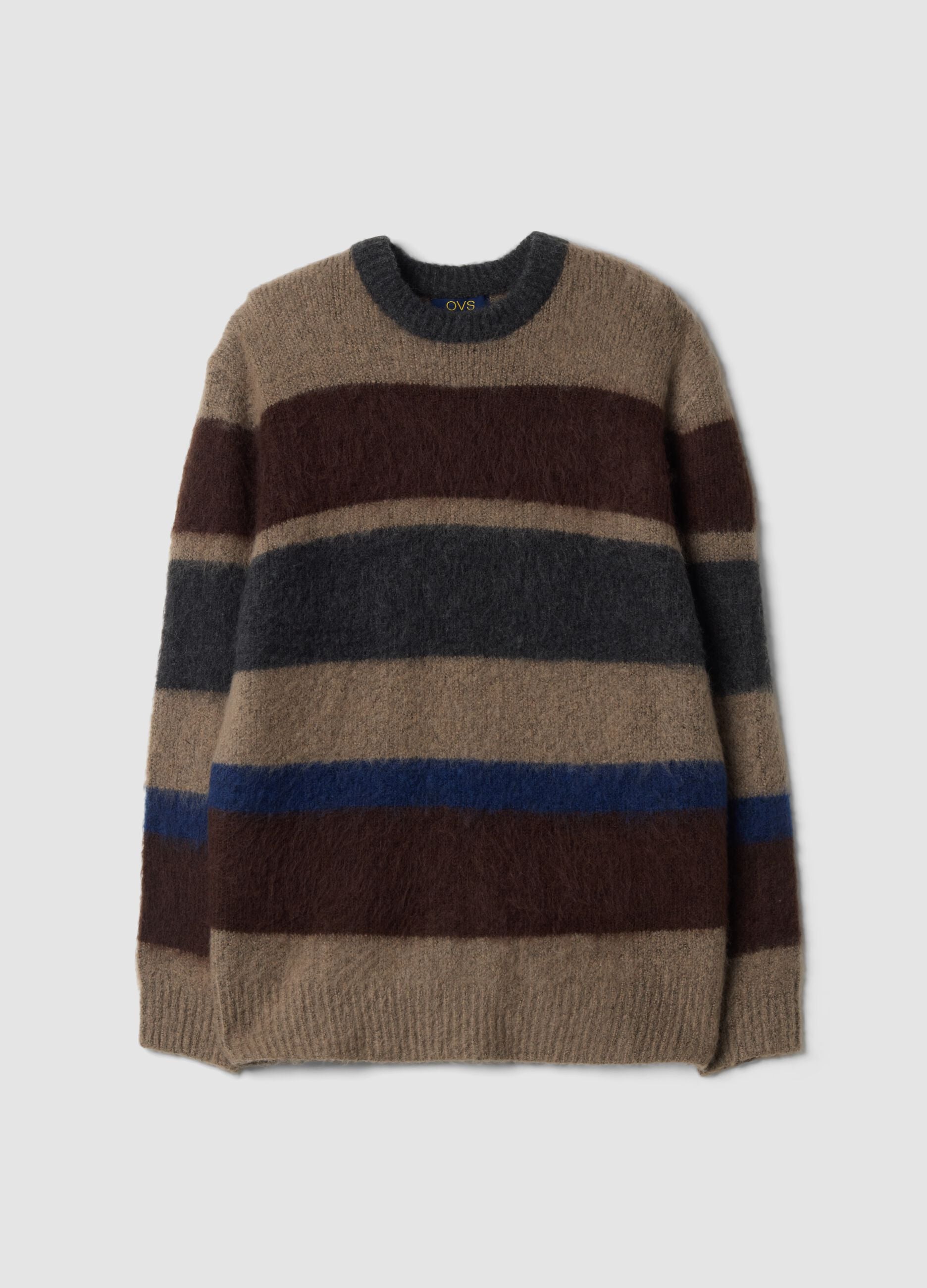 Maglione marrone in lana elasticizzata a righe con girocollo regular fit