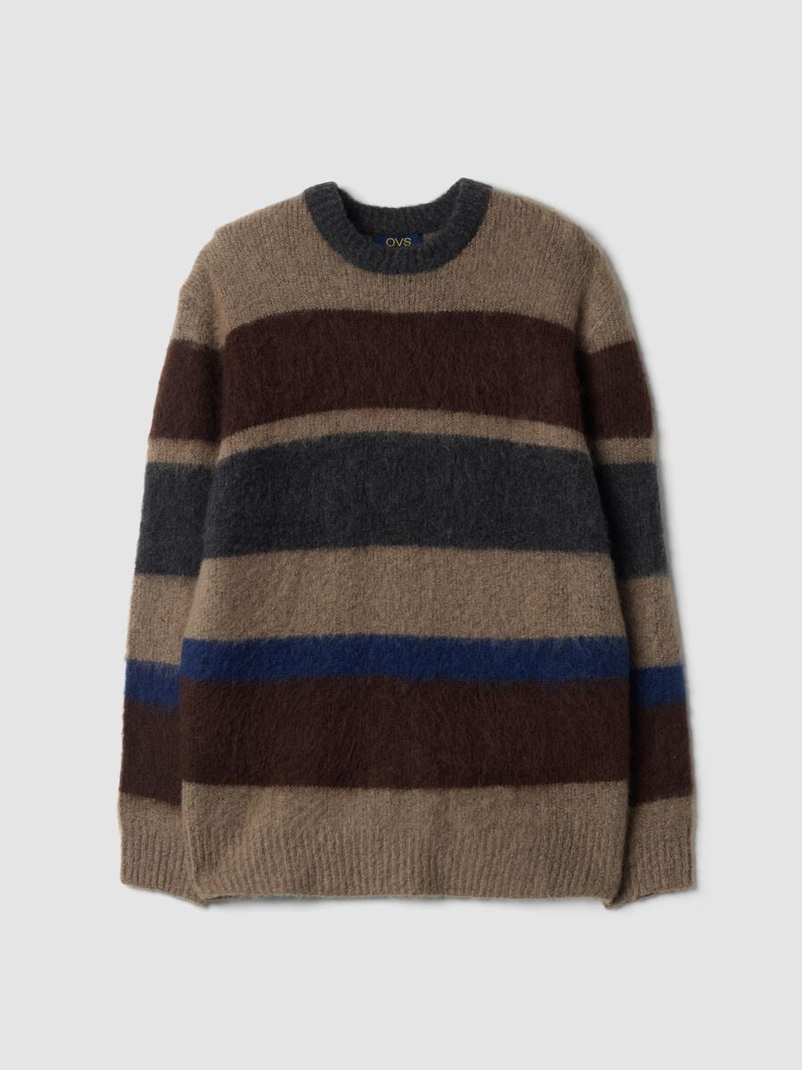 Maglione marrone in lana elasticizzata a righe con girocollo regular fit_0