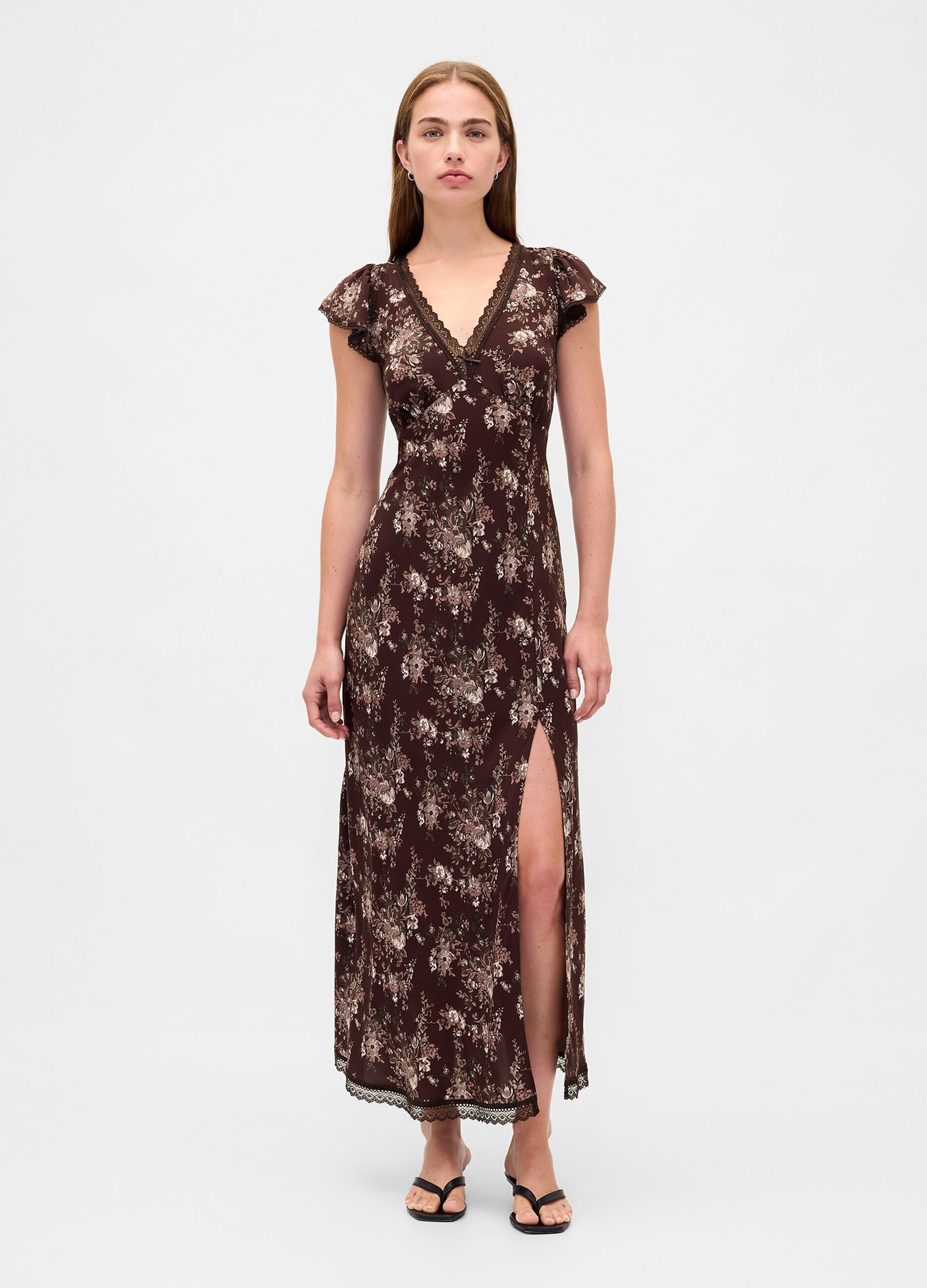 Brown pure viscose dress with floral print