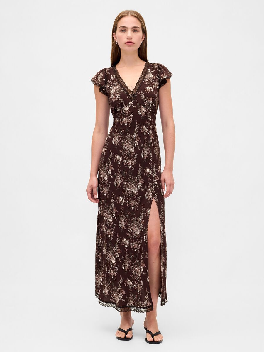 Brown pure viscose dress with floral print_0