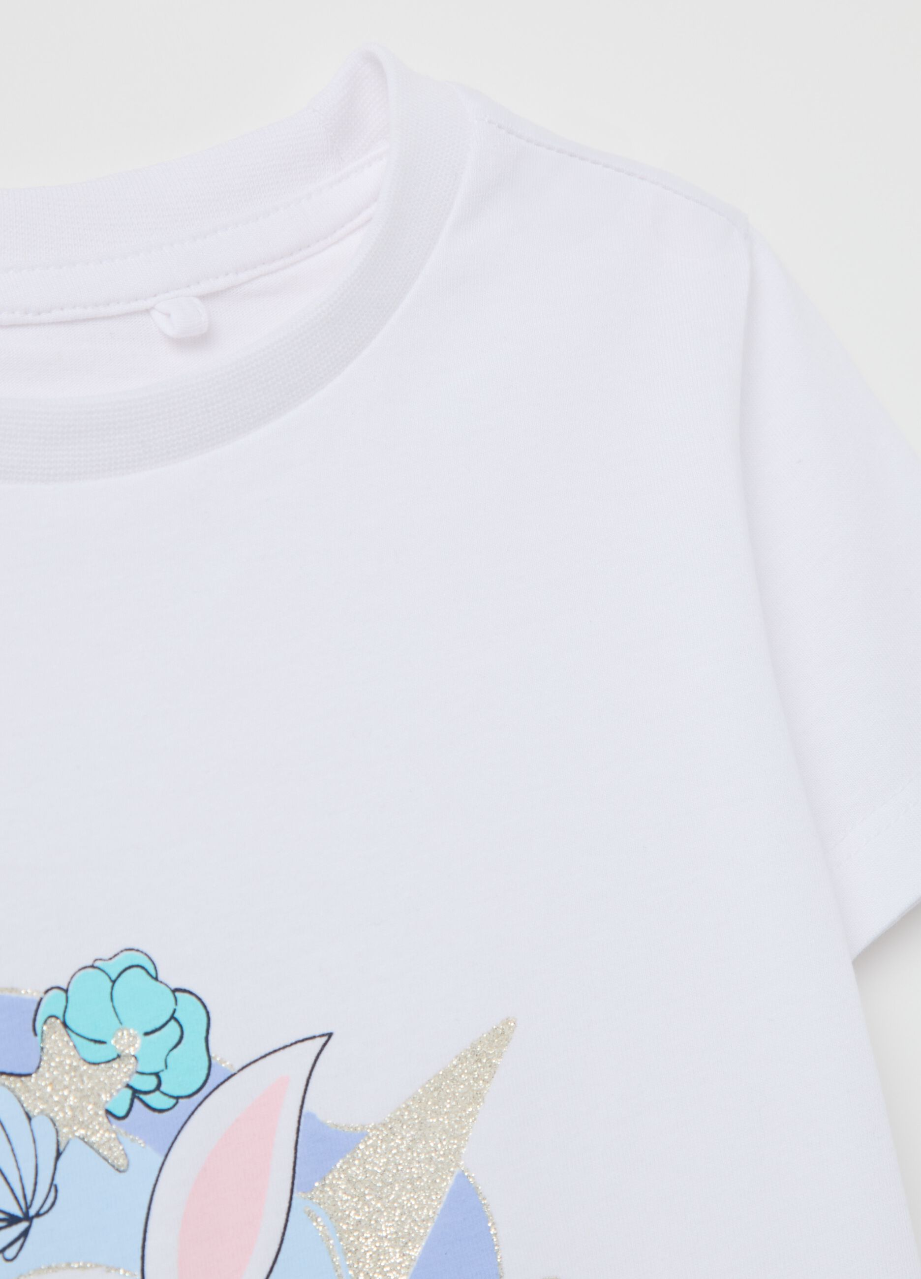 White cotton T-shirt with glitter print