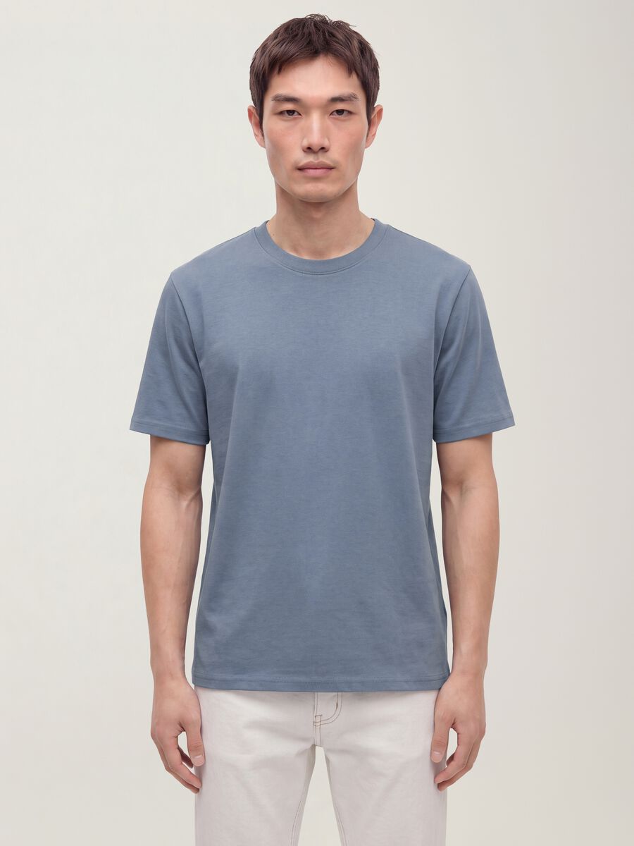 Blue pure cotton short-sleeve relaxed fit T-shirt_0