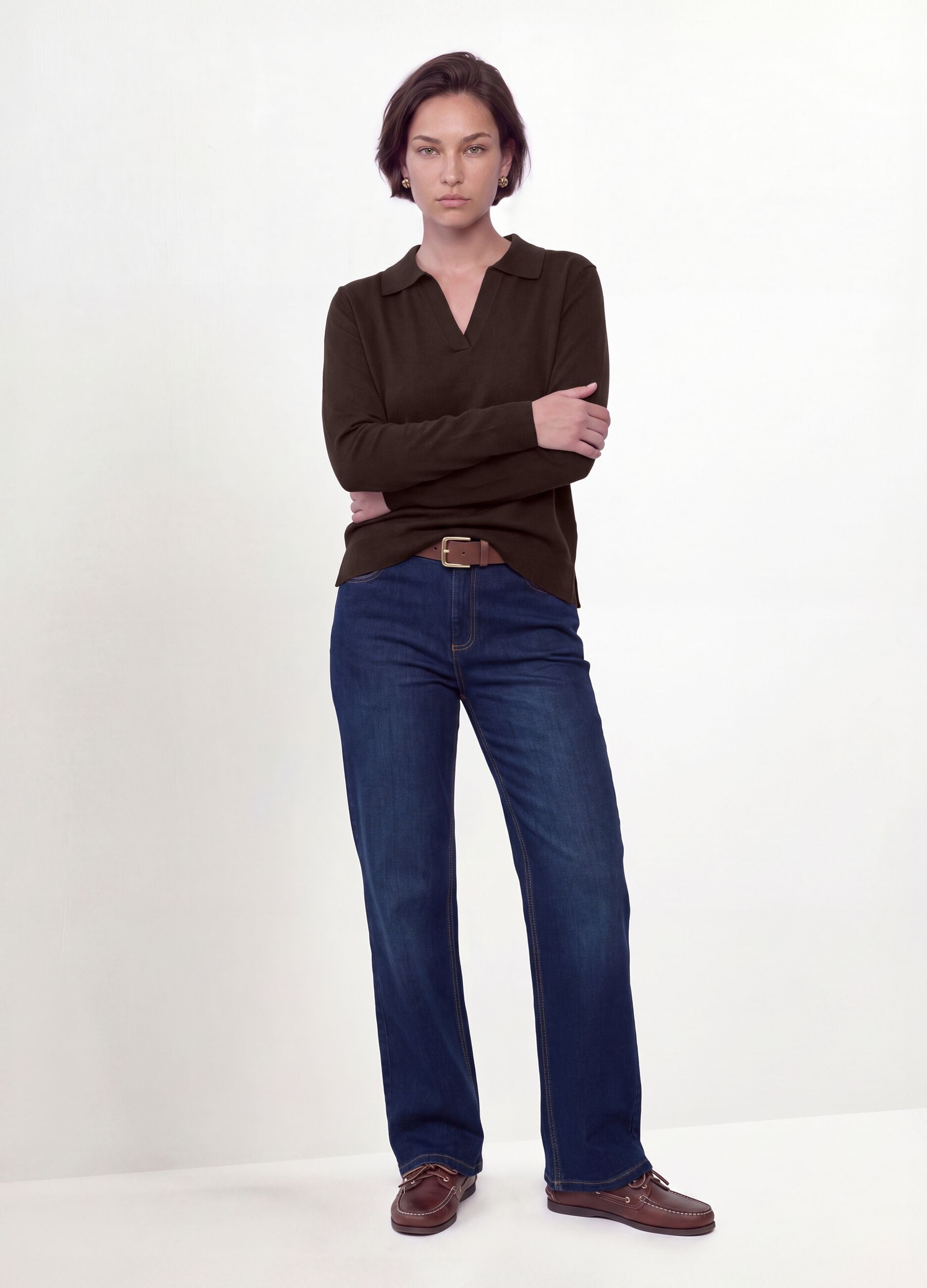 Brown viscose-blend polo-collar jumper with relaxed fit