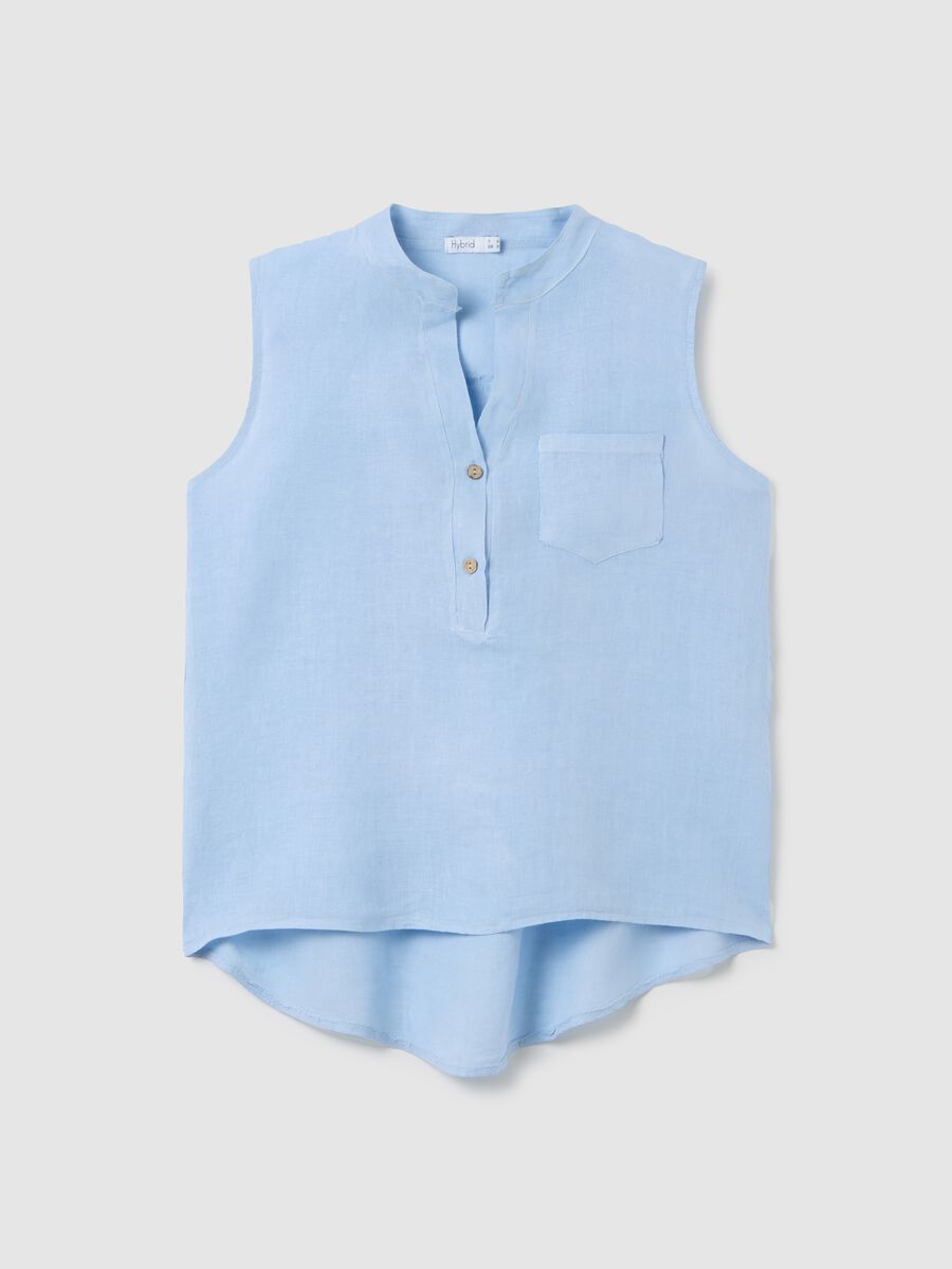 Women's Sleeveless Linen Blue Shirt Regular Fit_4