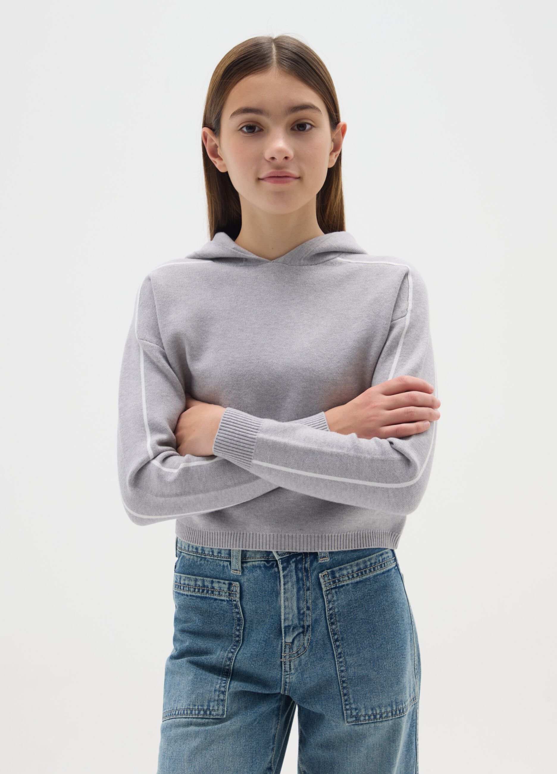 Grey Hooded Oversize Fit Sweater for Girls