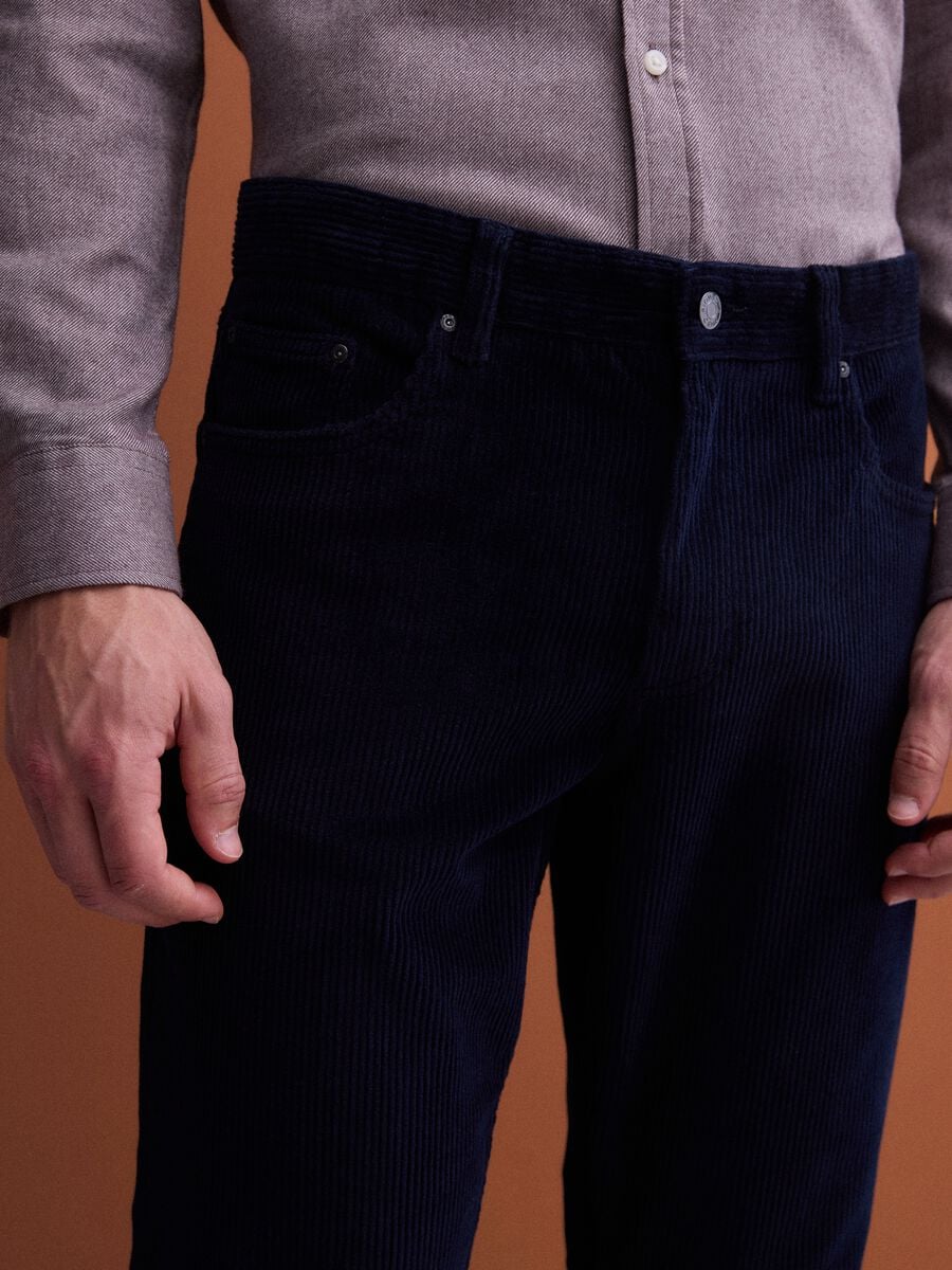 Navy ribbed stretch-cotton regular-fit trousers_3