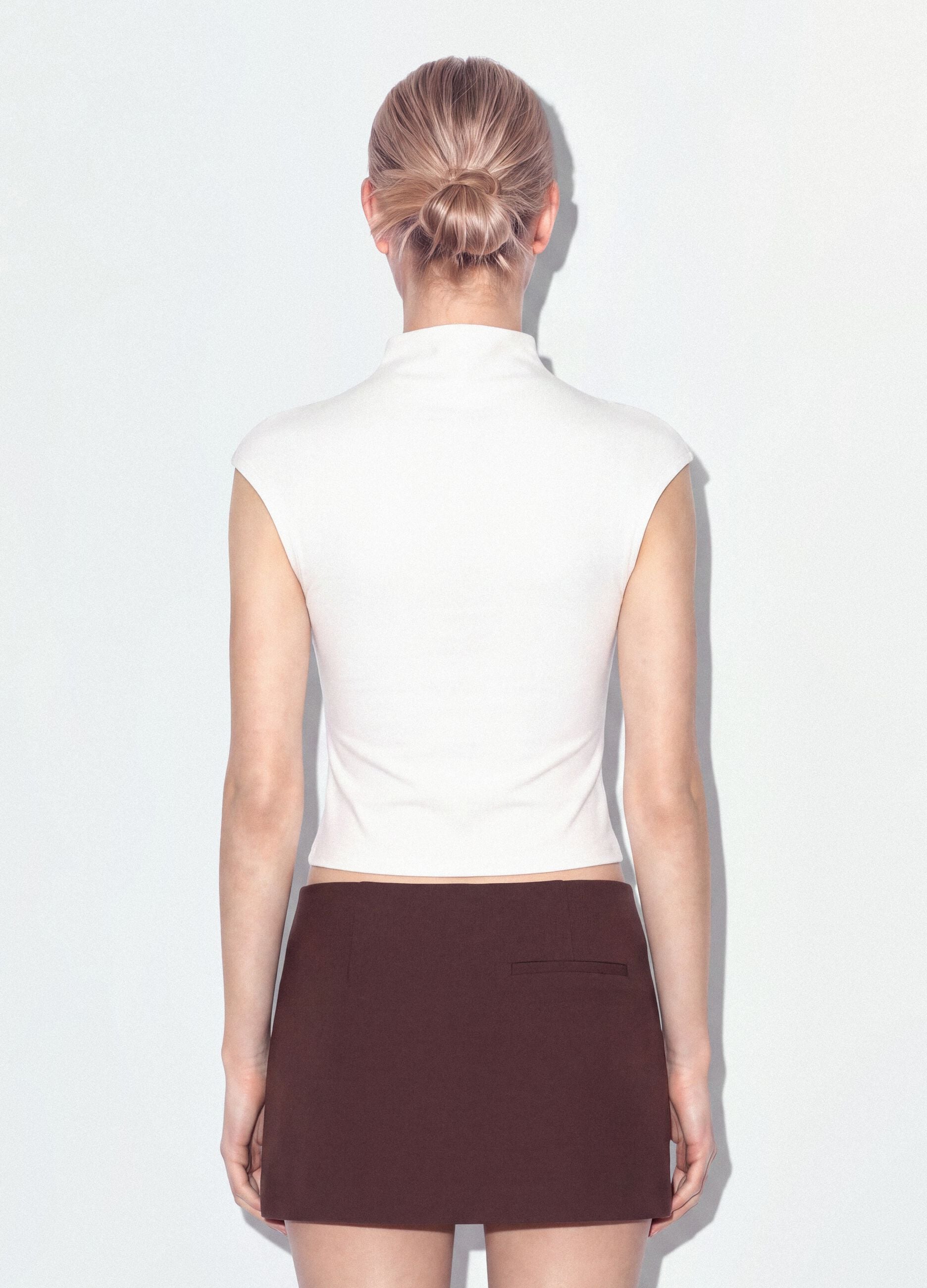 White fitted modal and stretch cotton T-shirt with high neck
