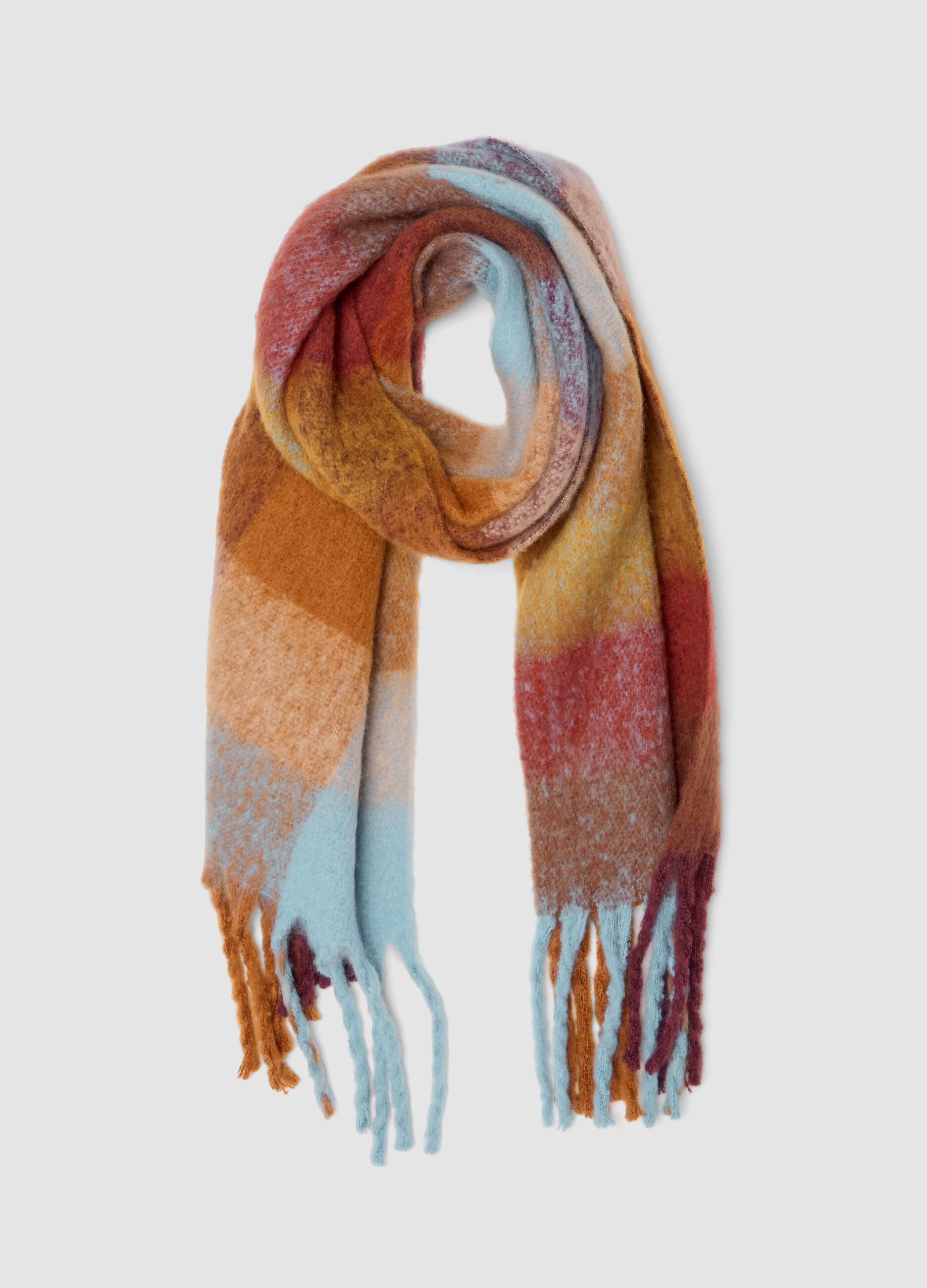 Sciarpa marrone in misto lana con frange