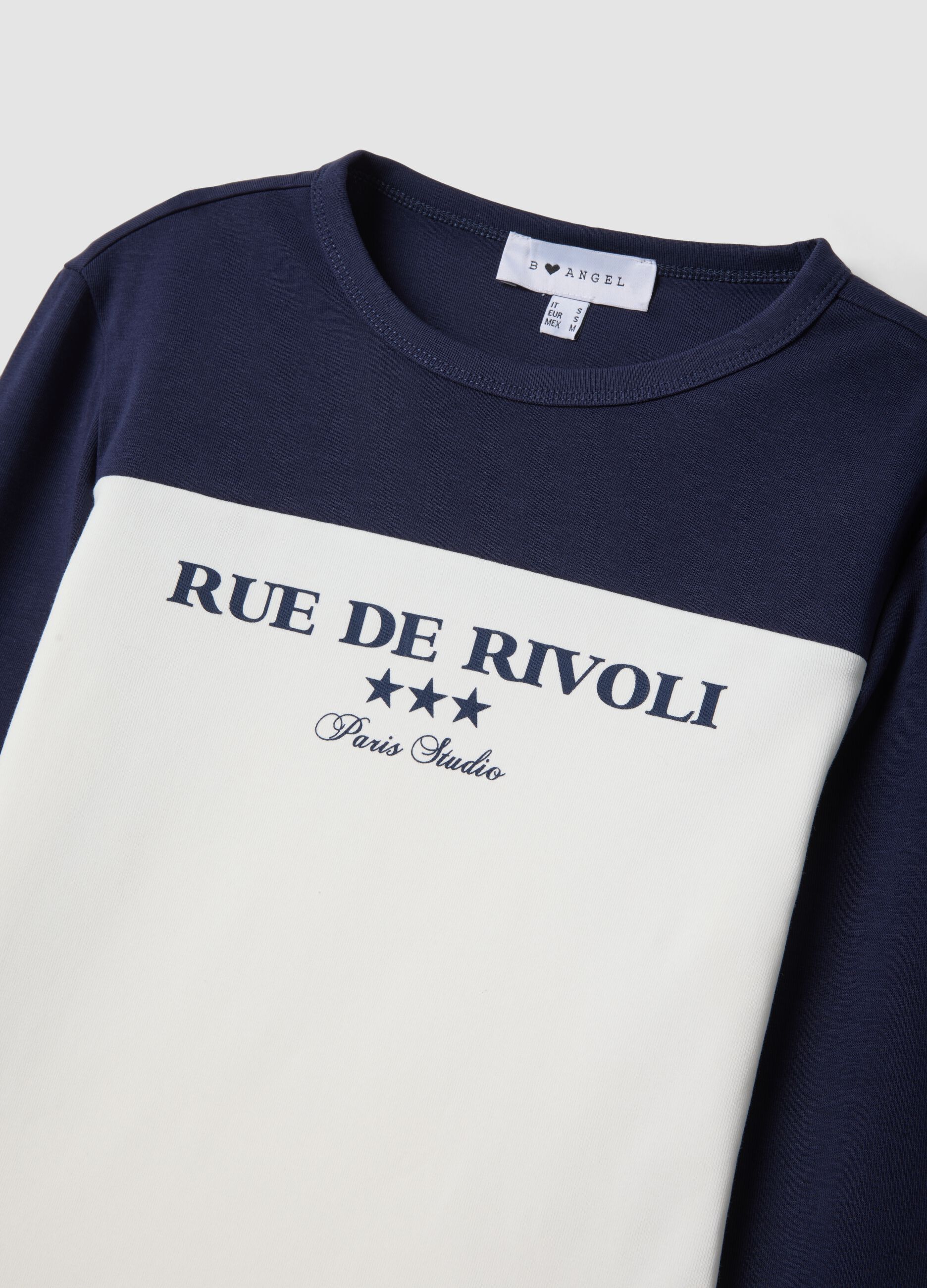 T-shirt bianca e blu in cotone elasticizzato con stampa frontale
