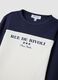 T-shirt bianca e blu in cotone elasticizzato con stampa frontale_1