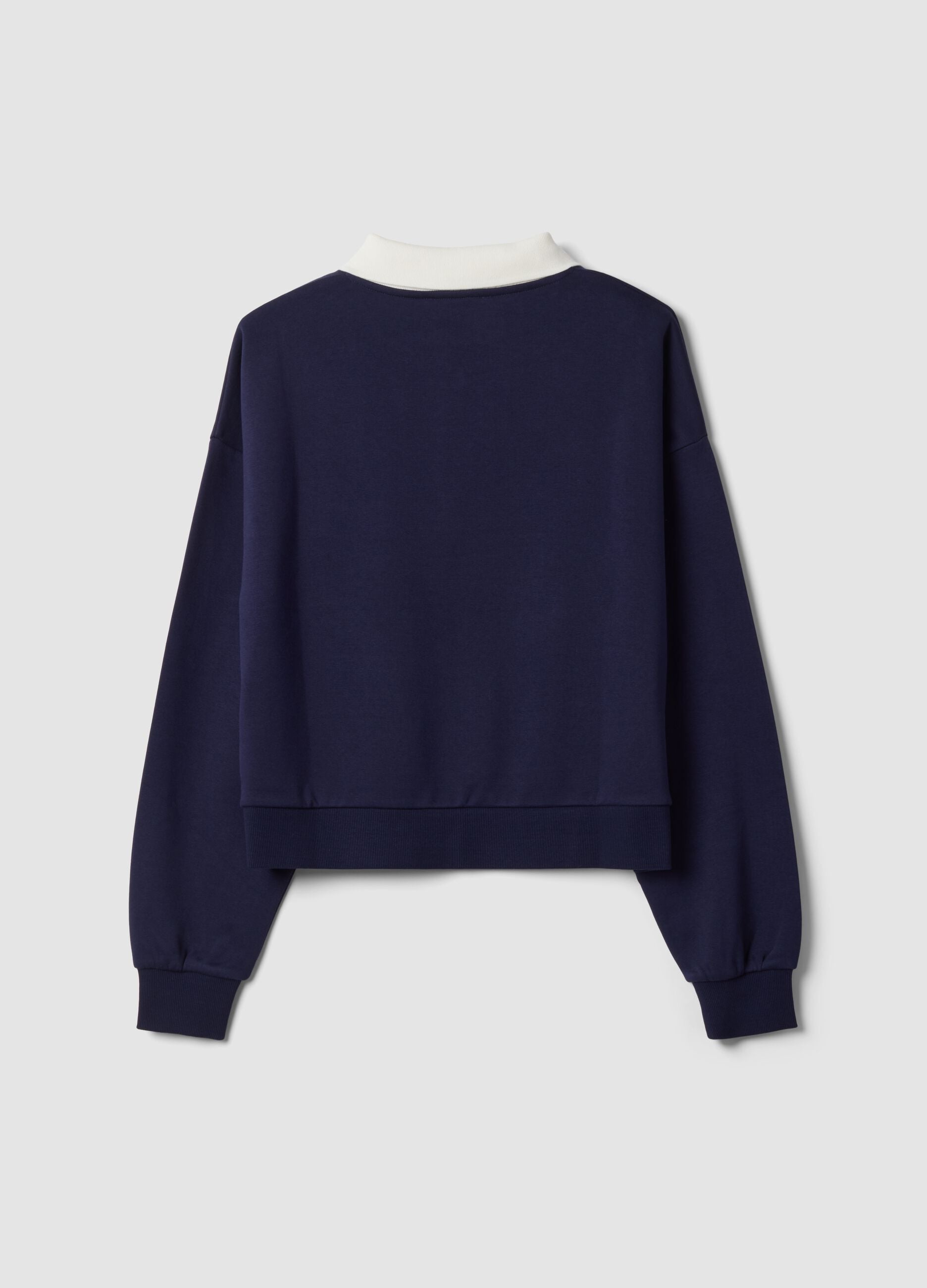 Blue cotton-blend sweatshirt with crew neck and contrast collar