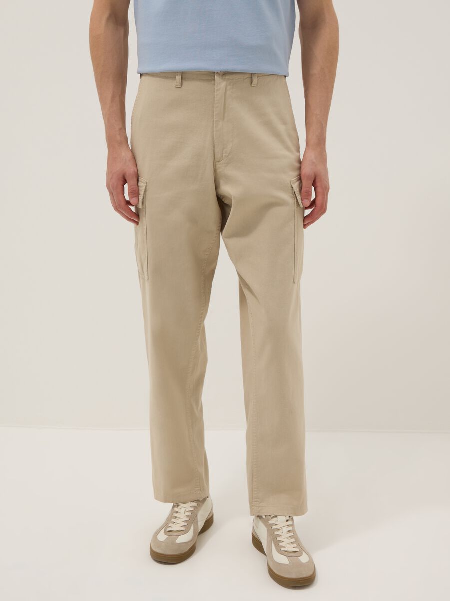 Beige linen-blend regular-fit cargo trousers_1