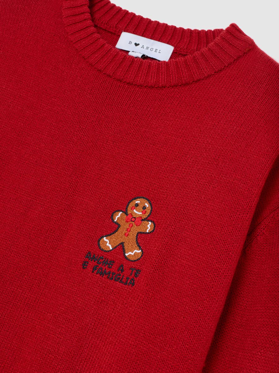 Red oversized crew-neck jumper with Christmas embroidery_5