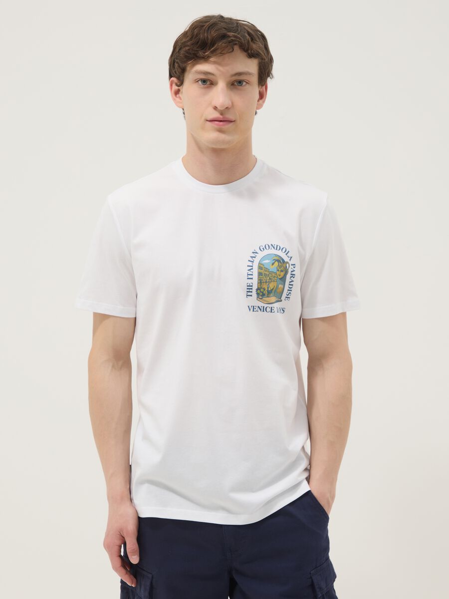 White pure cotton T-shirt with chest print, regular fit_0