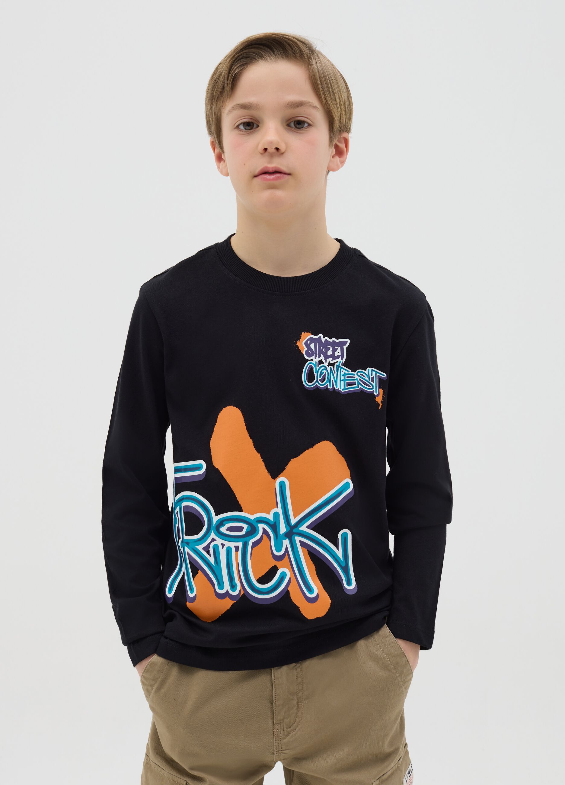 Cotton T-shirt with print and long sleeves