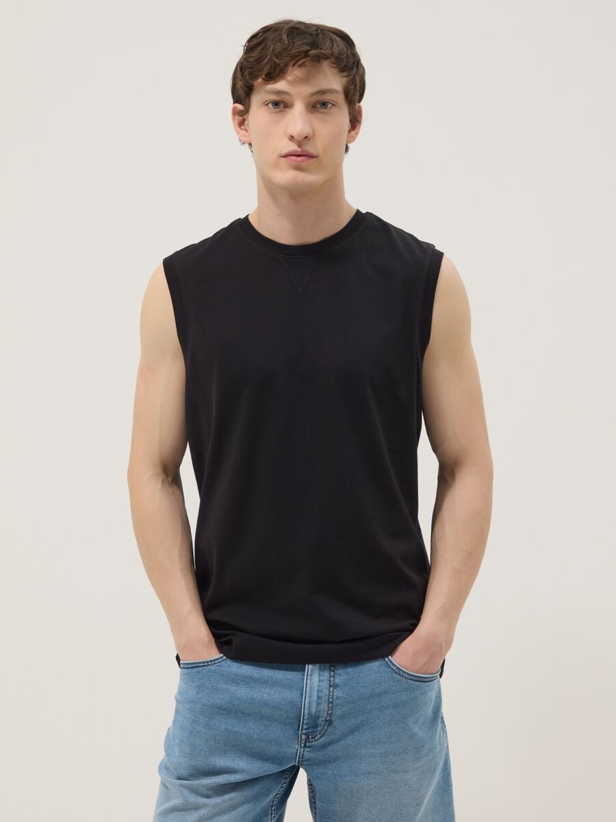 Canotta girocollo nera in puro cotone relaxed fit_0