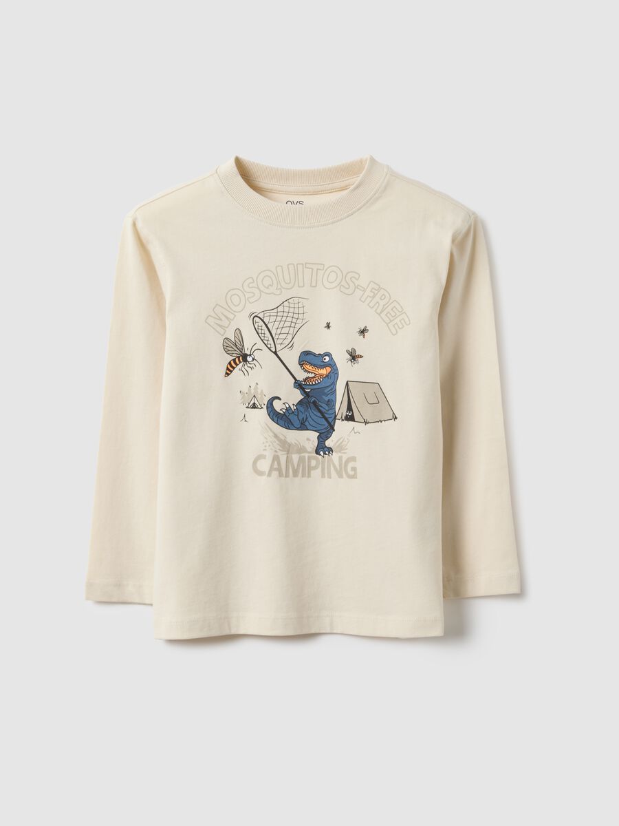 Children's beige pure cotton regular fit T-shirt with print_0