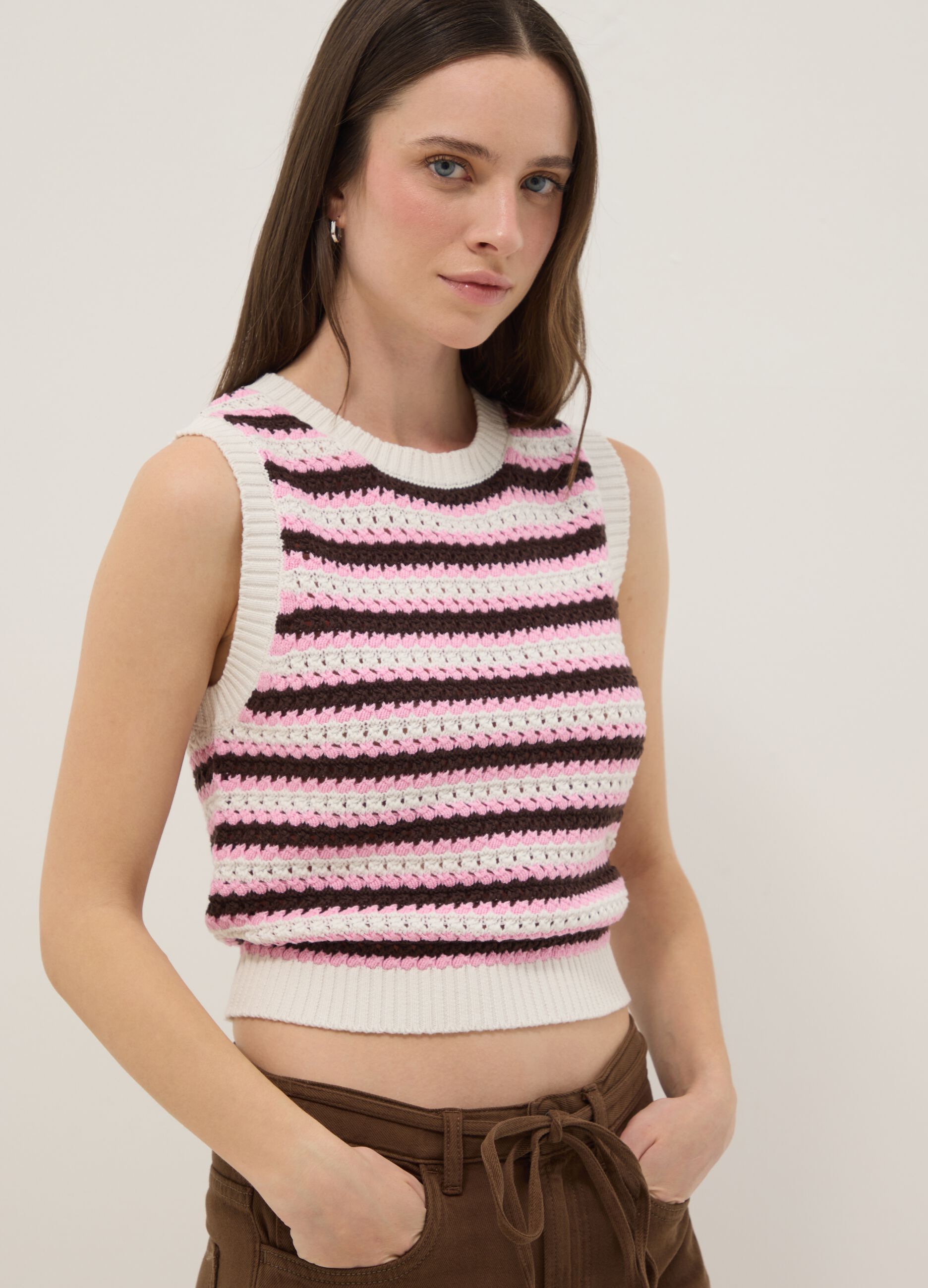 Regular fit multicolour striped pure cotton tank top