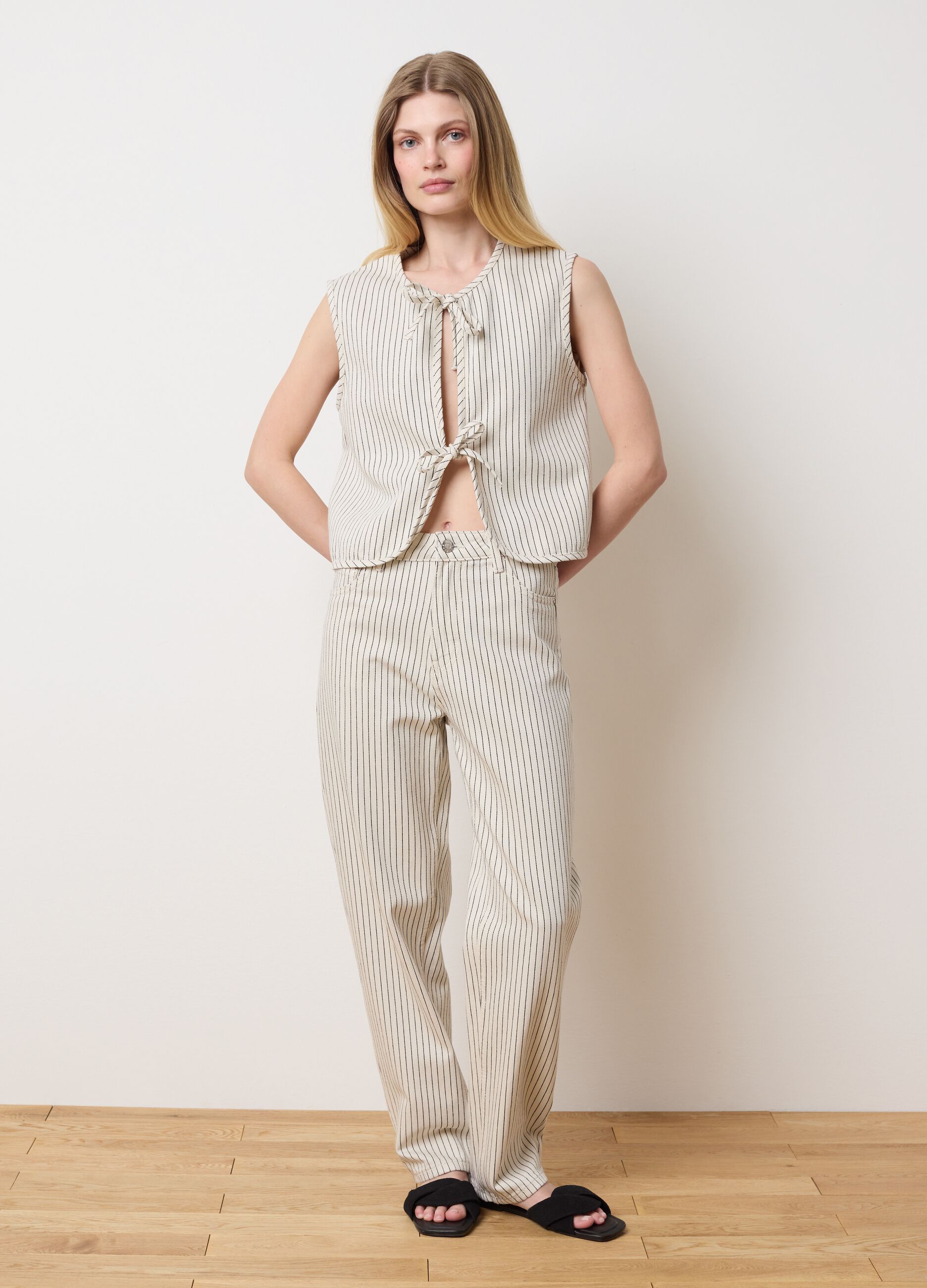Carrot fit pinstripe jeans.