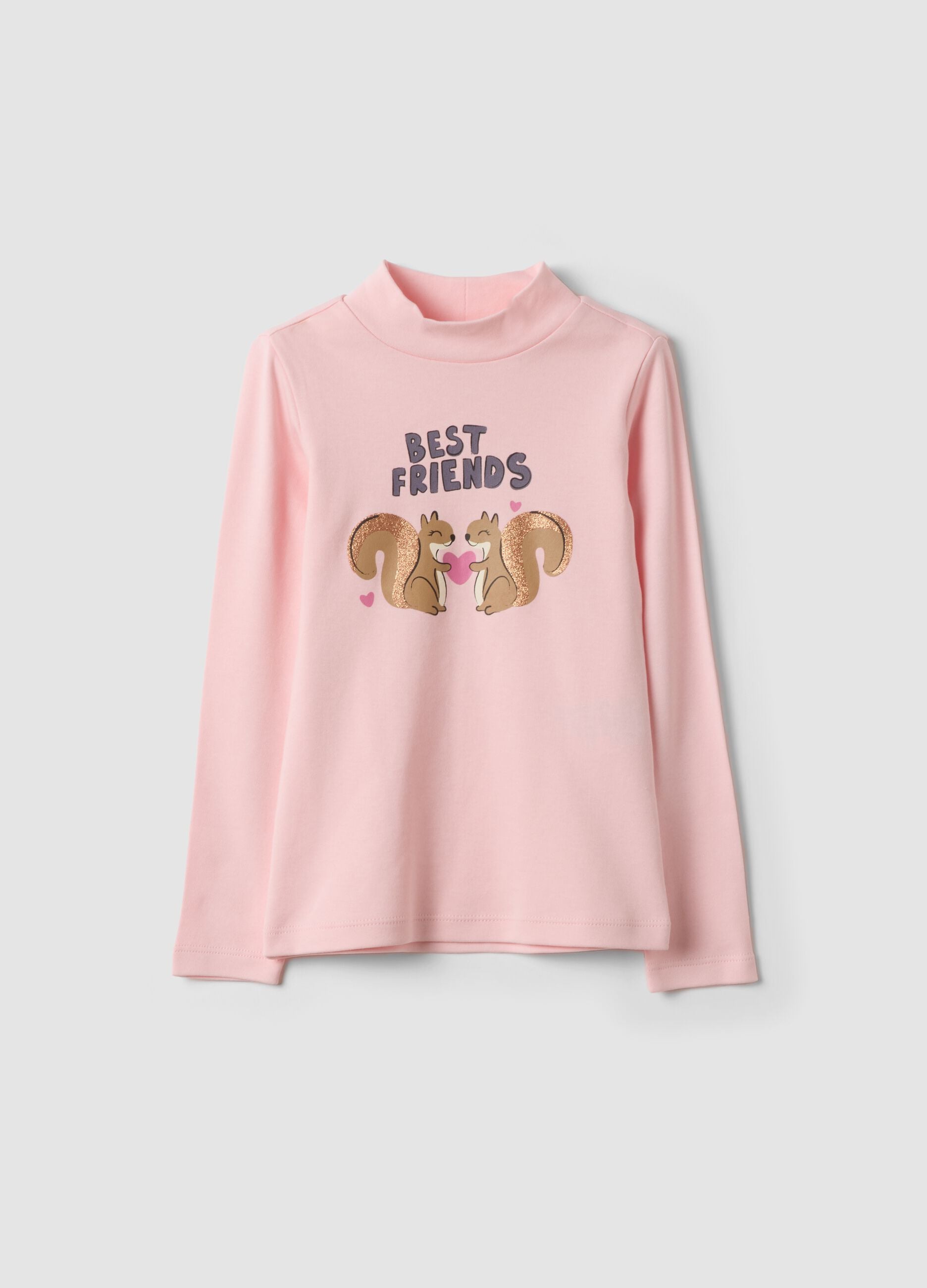 T-shirt rosa in puro cotone organico con collo rialzato e stampa animaletti