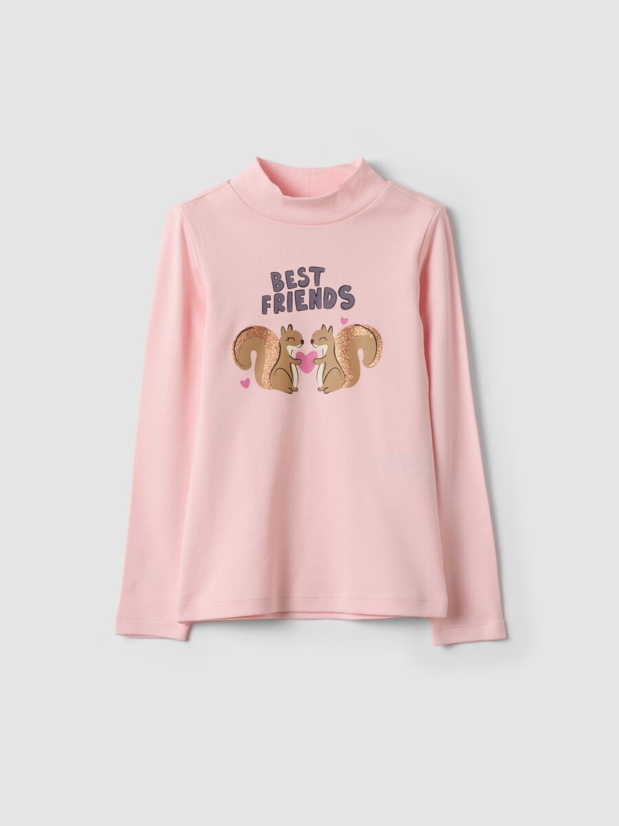 T-shirt rosa in puro cotone organico con collo rialzato e stampa animaletti_0