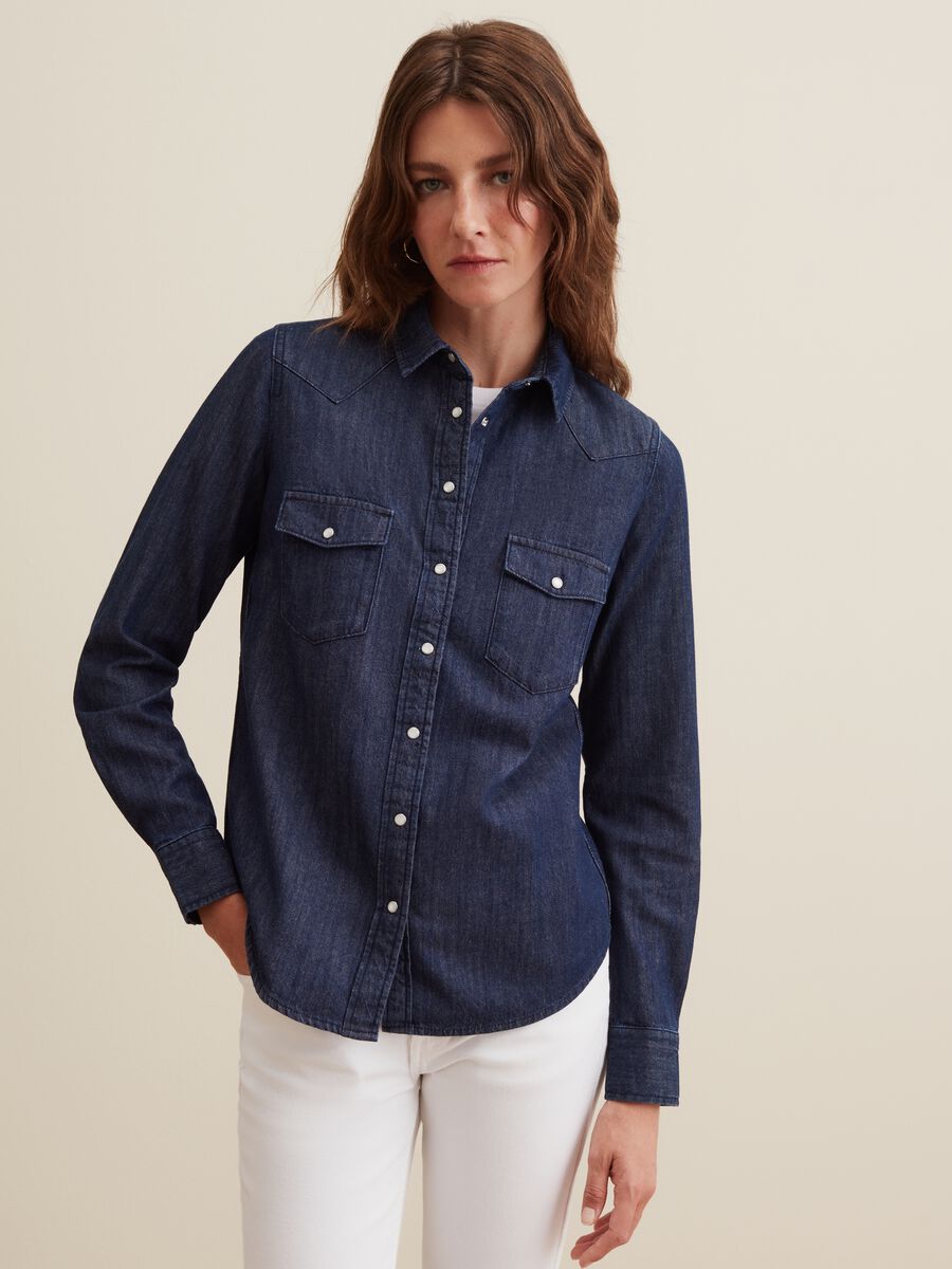 Camicia western in denim con bottoni perlati_1