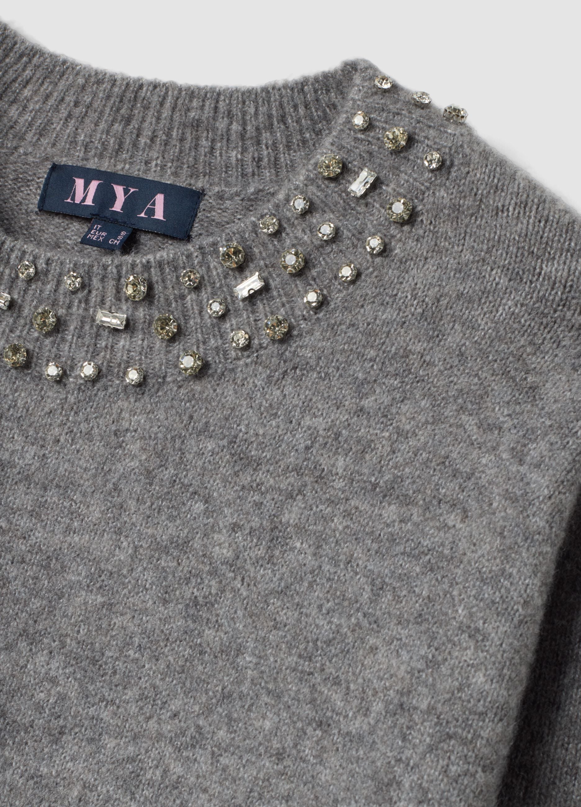 Maglia grigio melange in lana elasticizzata con strass regular fit