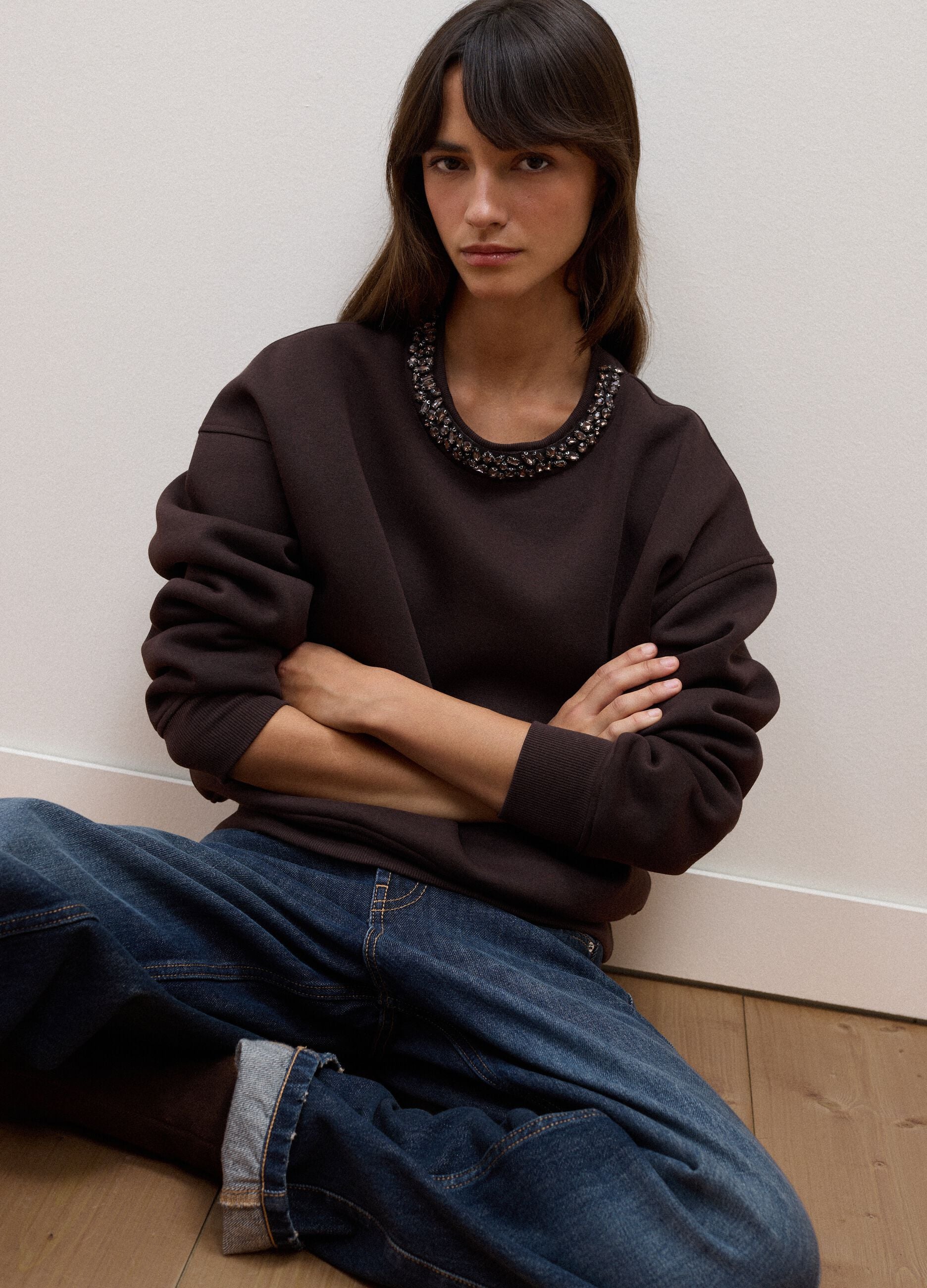Brown cotton-blend sweatshirt with rhinestones