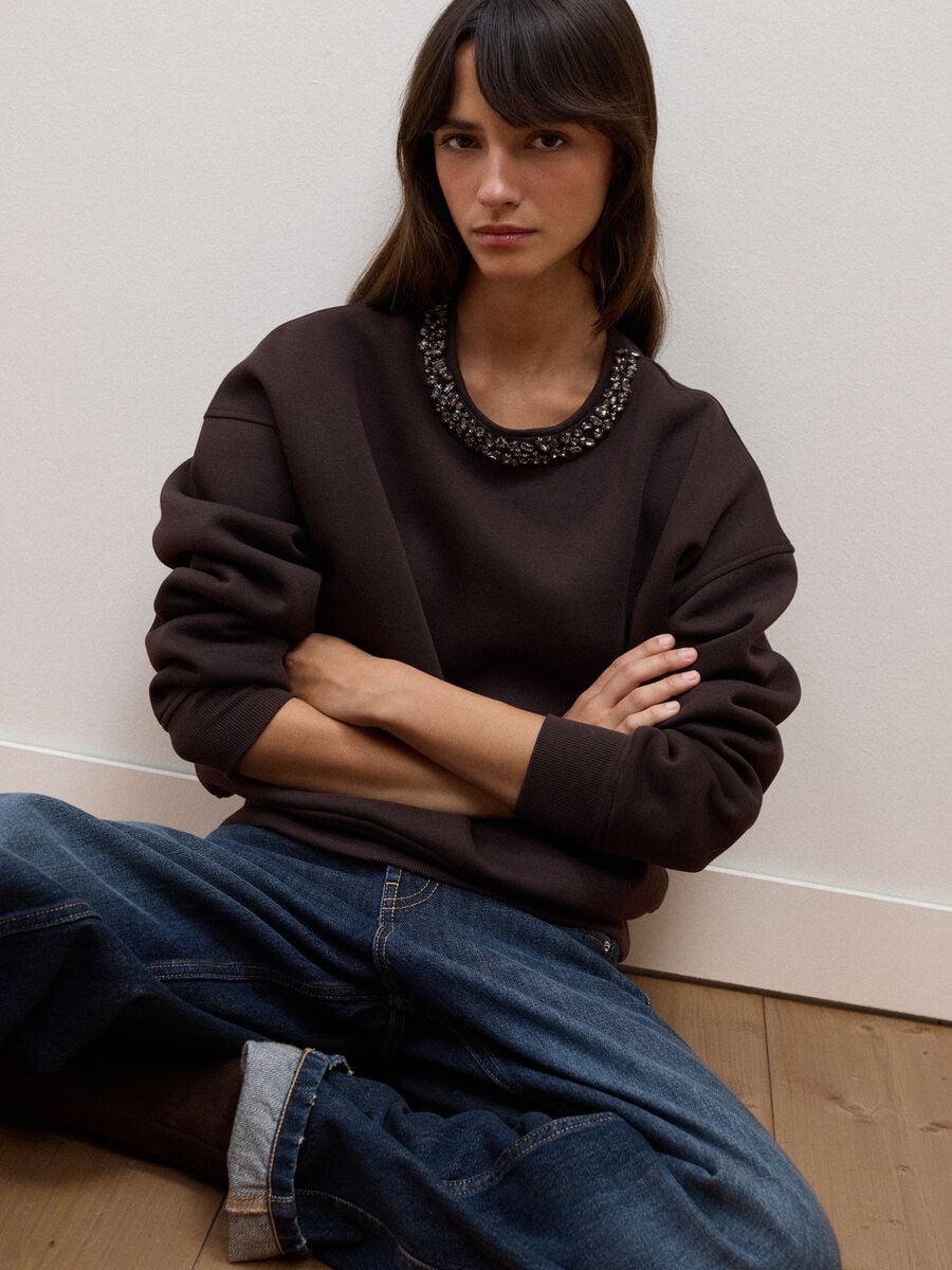 Felpa marrone in misto cotone con strass_1