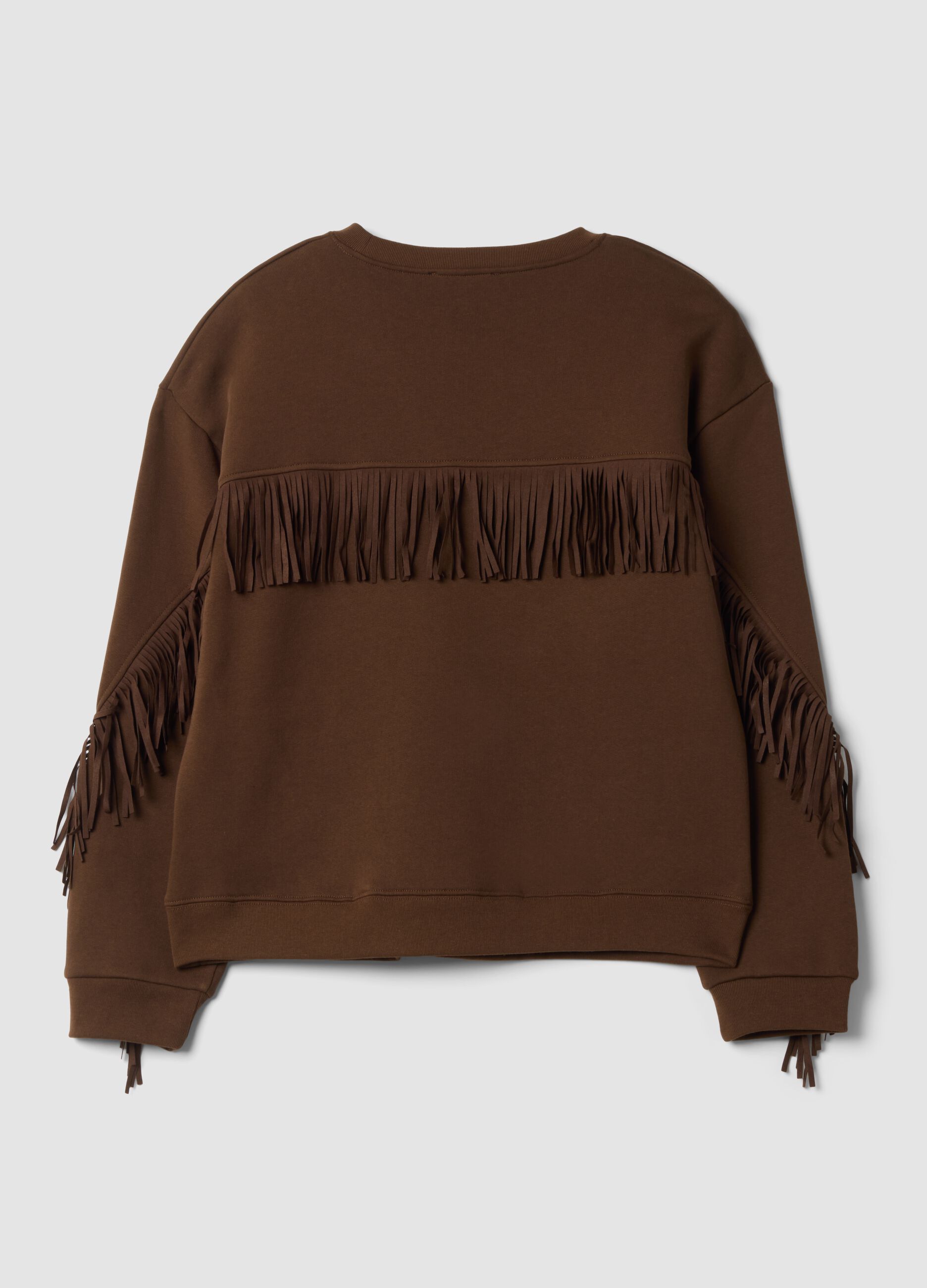 Brown cotton-blend crew-neck sweatshirt with fringes, regular fit