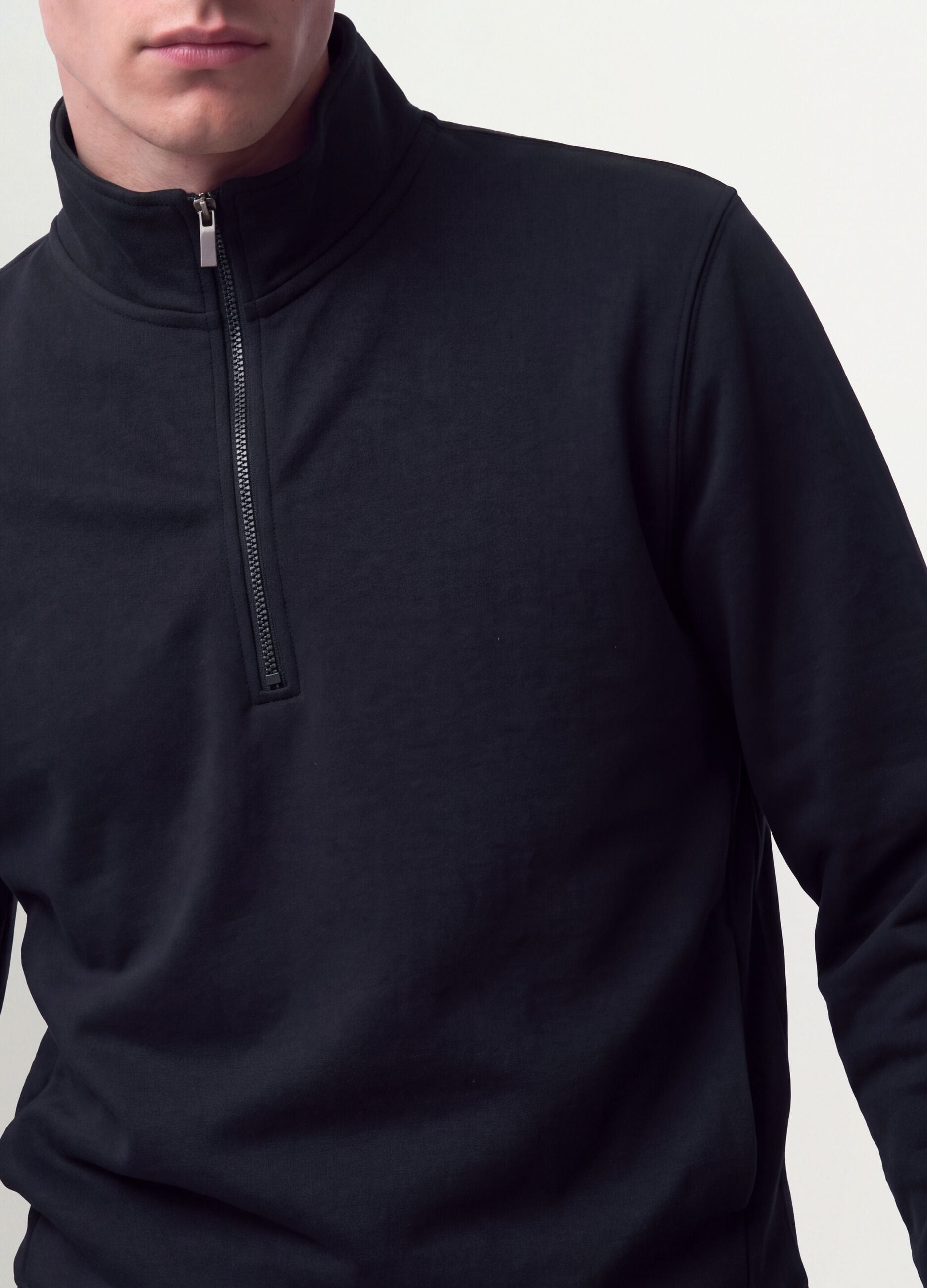 Blue cotton-blend half-zip crew-neck sweatshirt