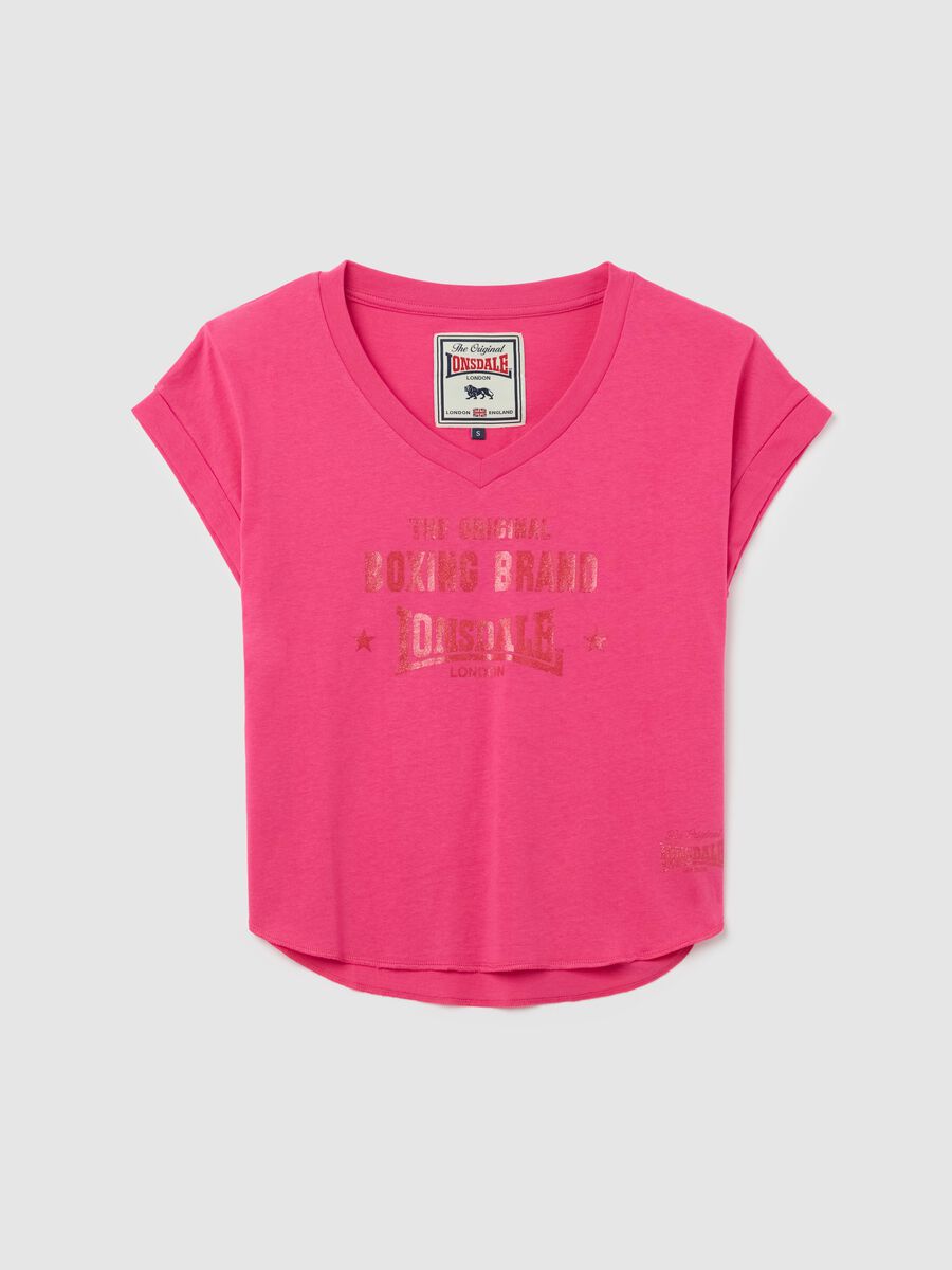 Pink T-shirt in cotton with V neck and logo print_4