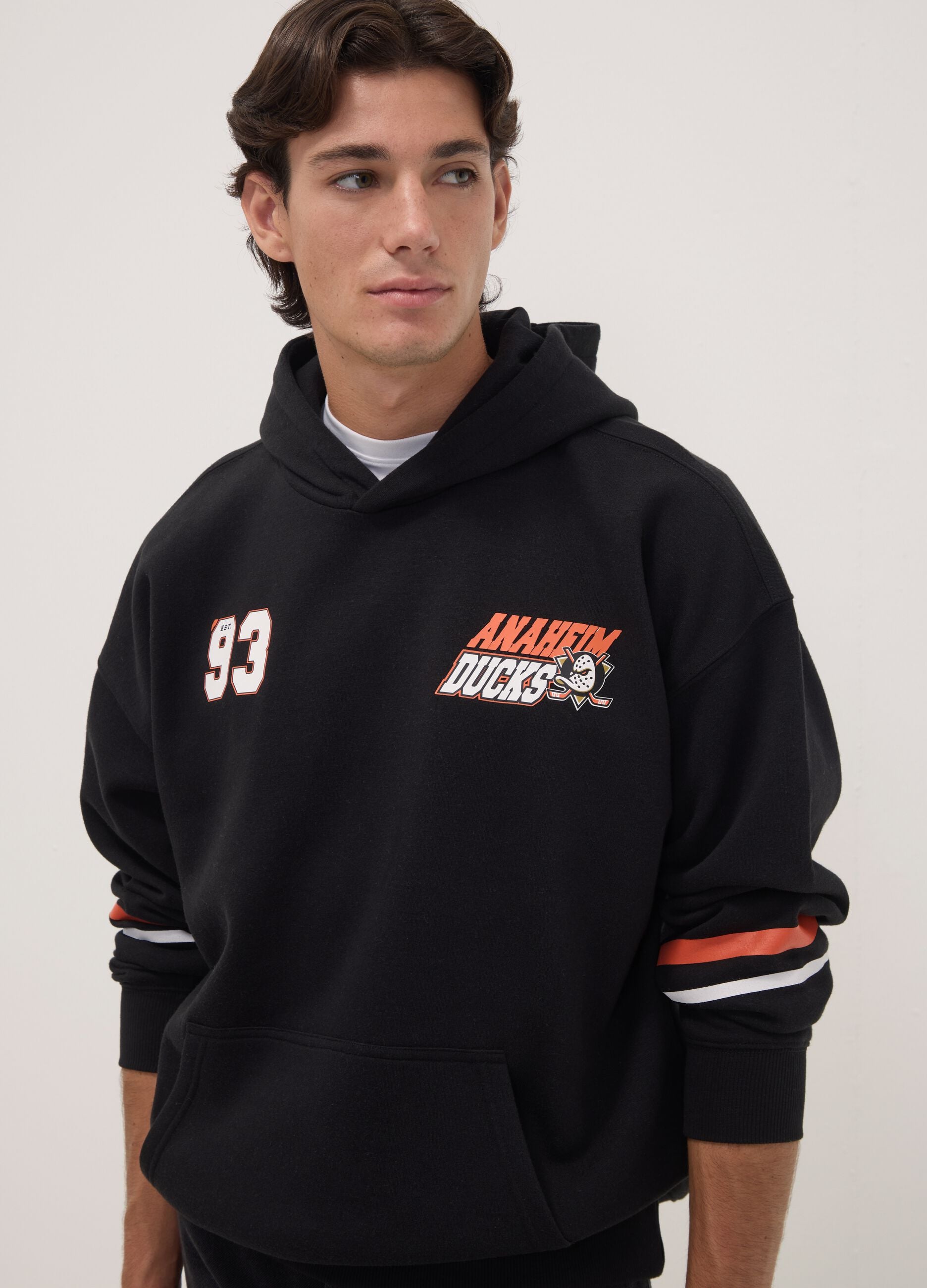 Black cotton-blend hoodie with Anaheim Ducks print