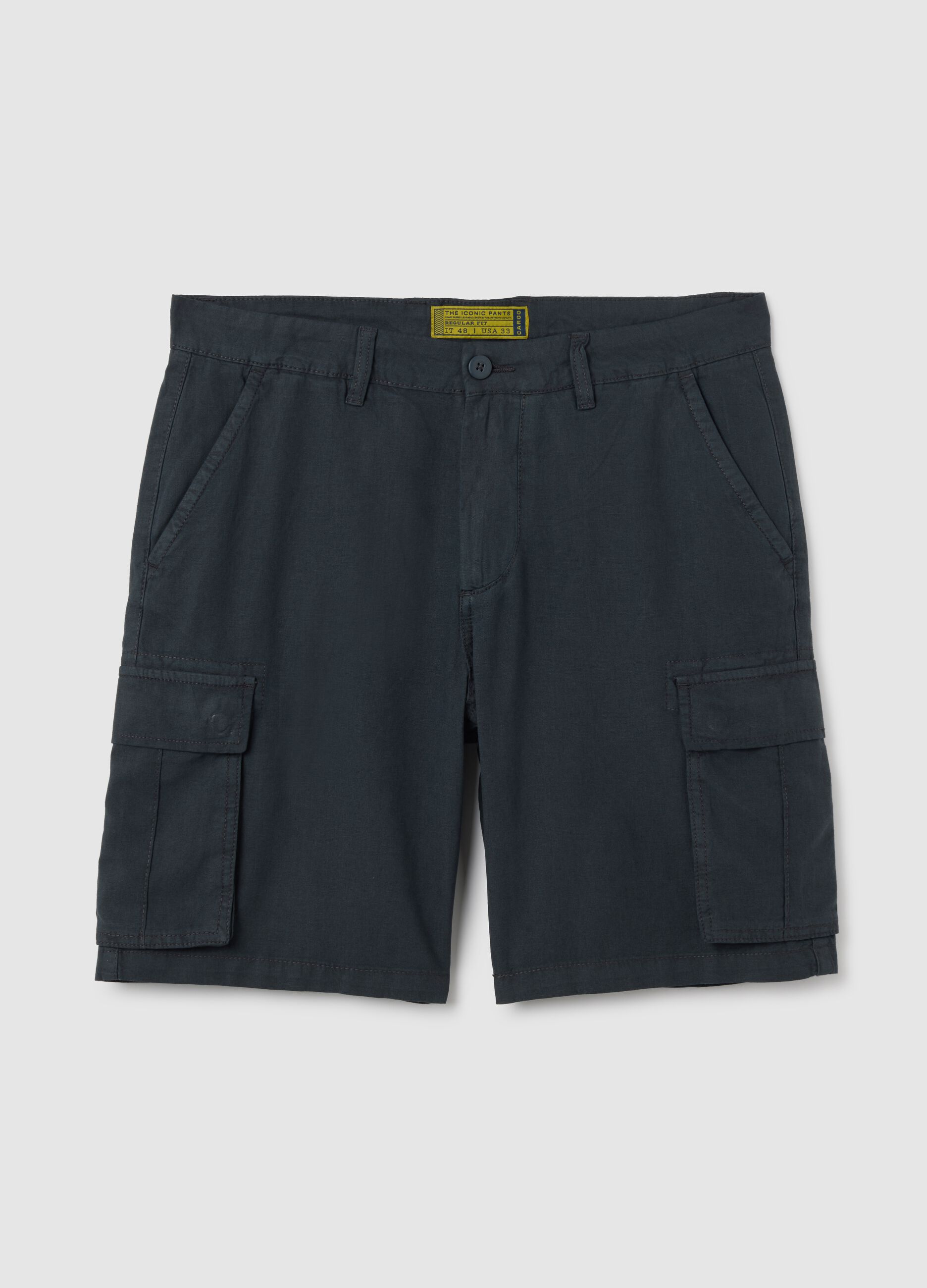 Bermuda cargo da uomo in misto lino nero regular fit